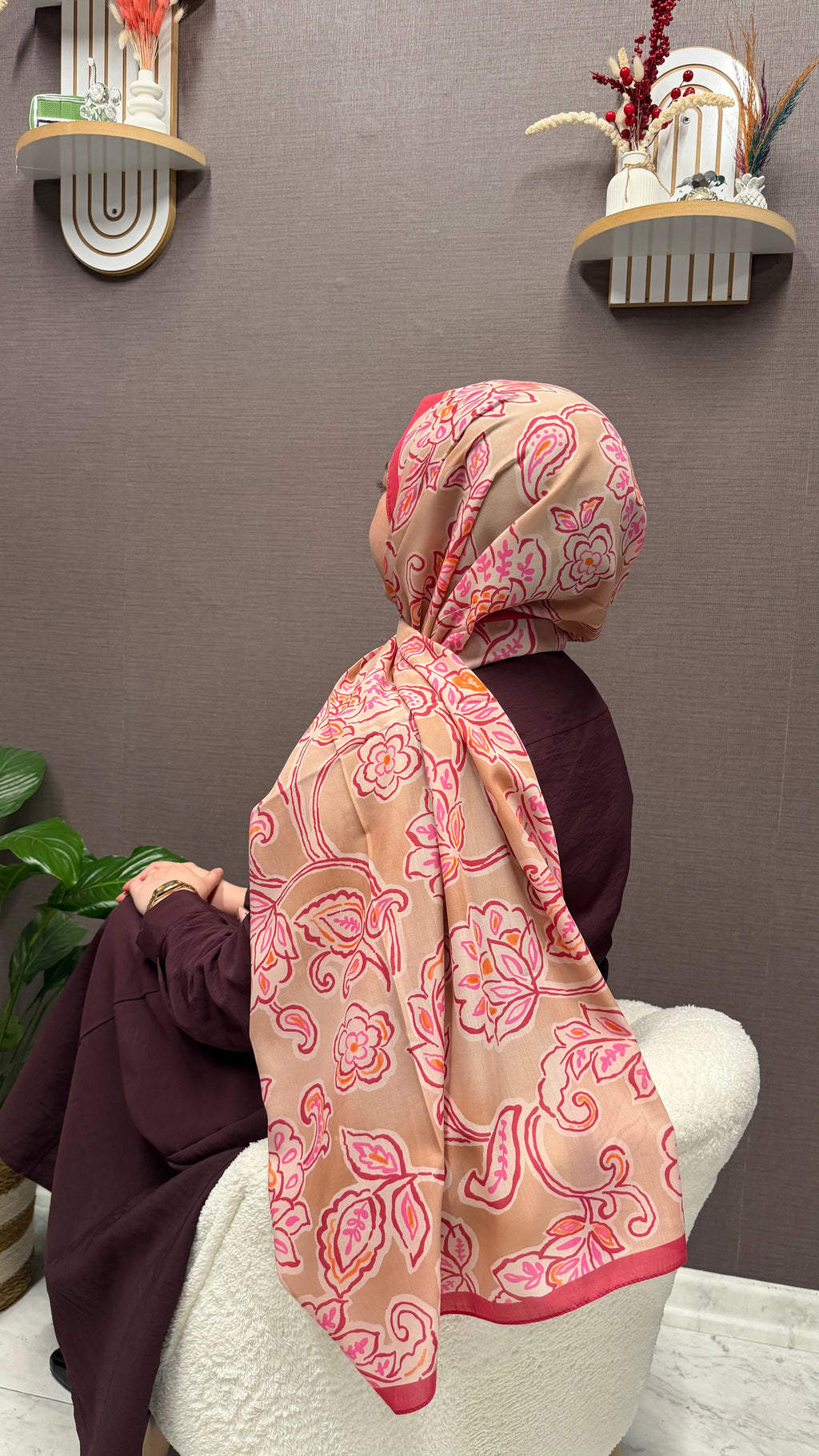 Lotus Desen Pamuk Şal Bej-Fuşya