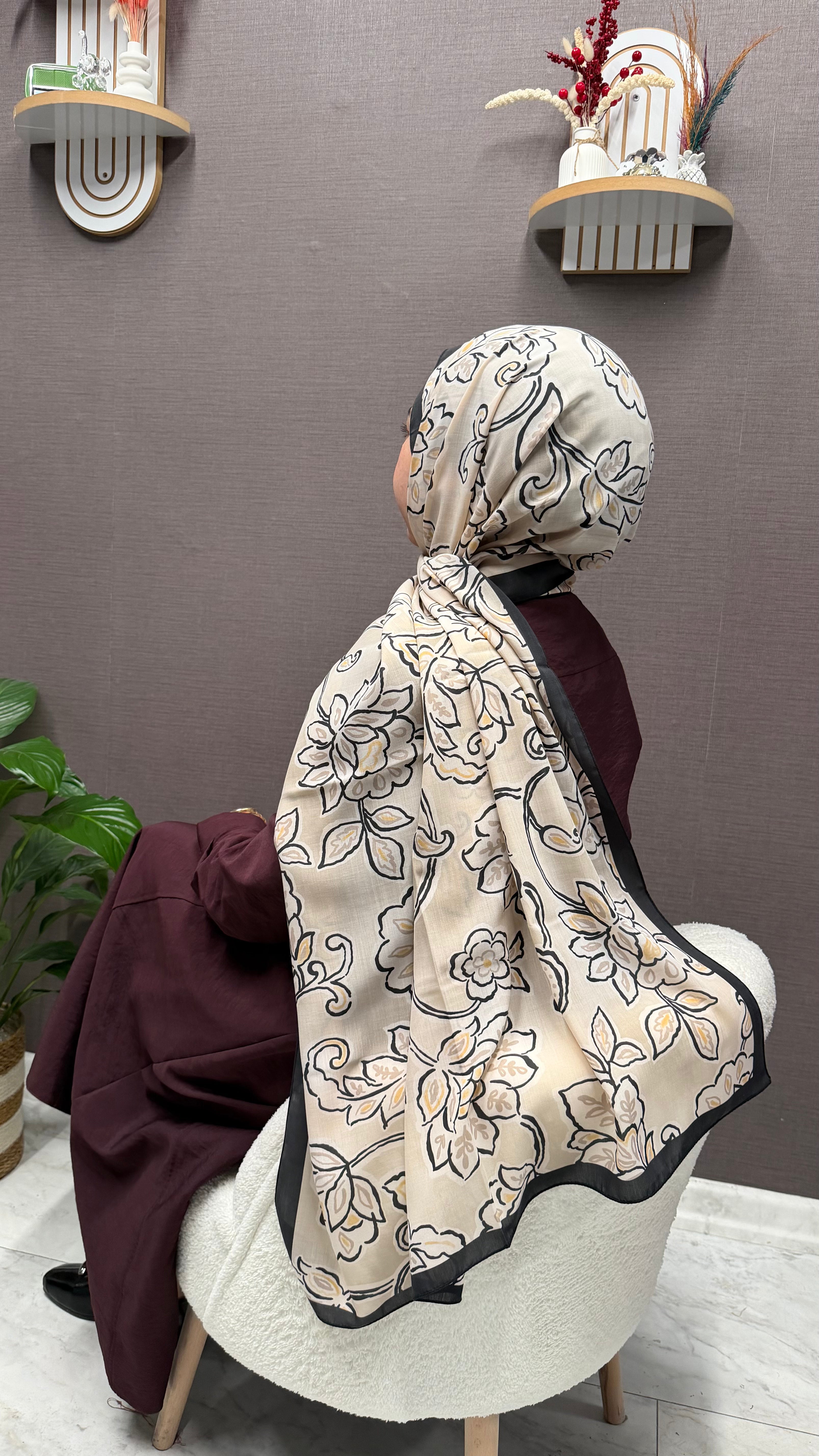 Lotus Desen Pamuk Şal Siyah