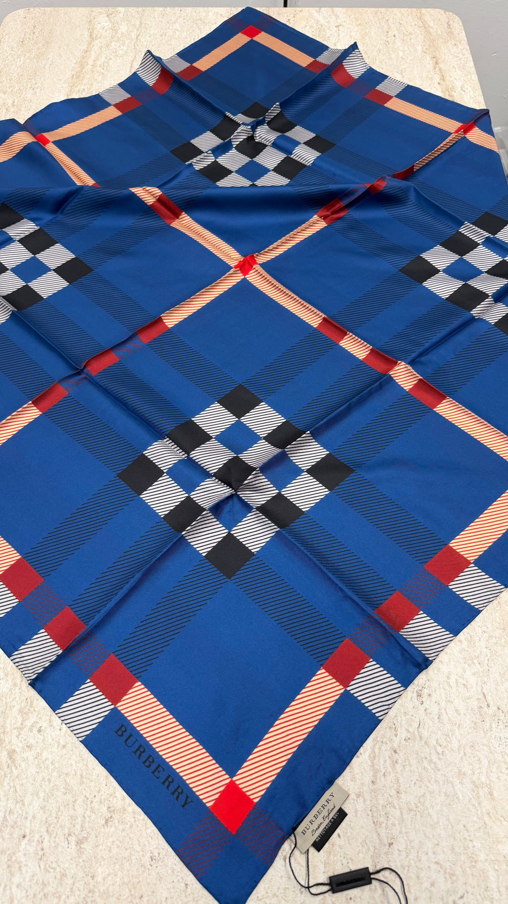 İthal Twill İpek Eşarp Ekose Mavi
