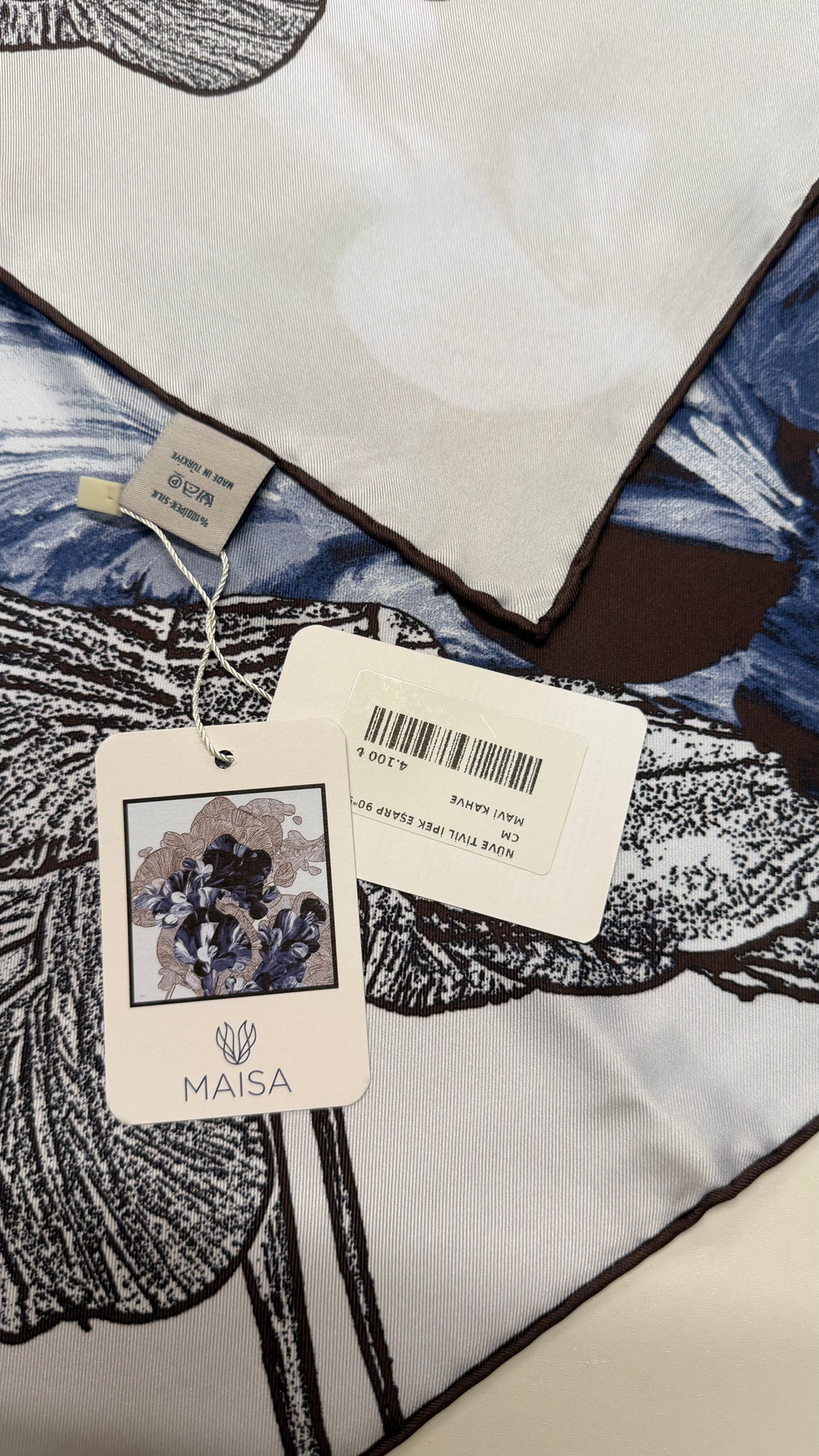 Rengin Twill İpek Eşarp Mavi Kahve