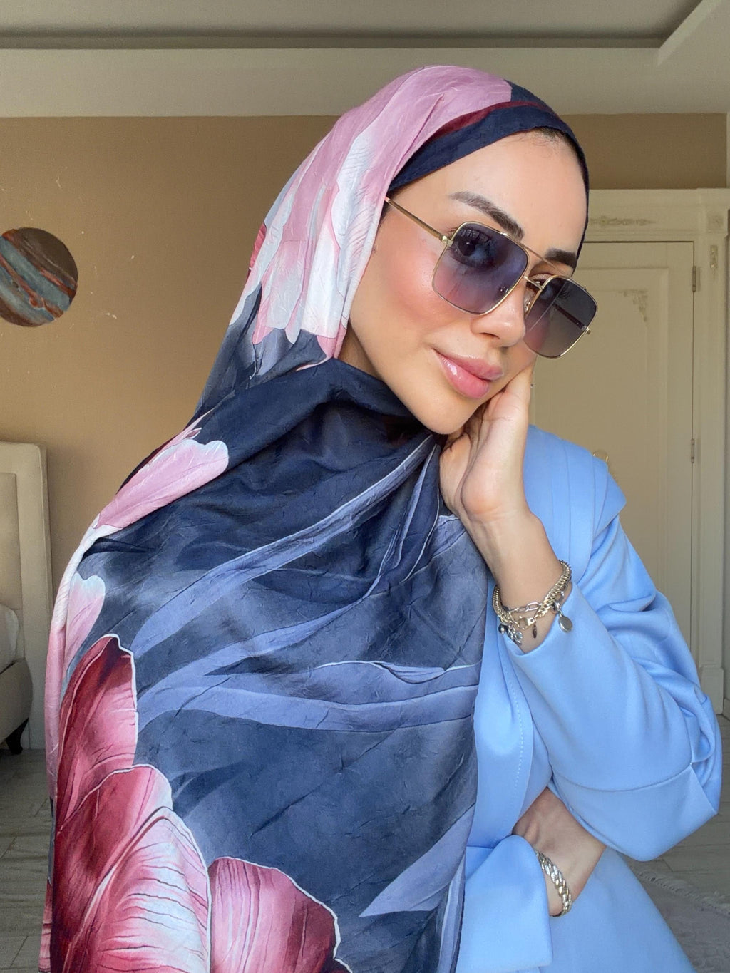 Lale Desenli Kraş Şal Lacivert-Bordo