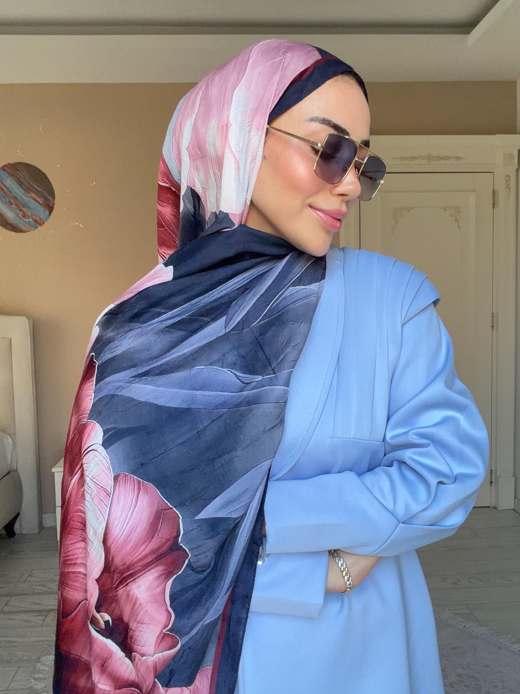 Lale Desenli Kraş Şal Lacivert-Bordo