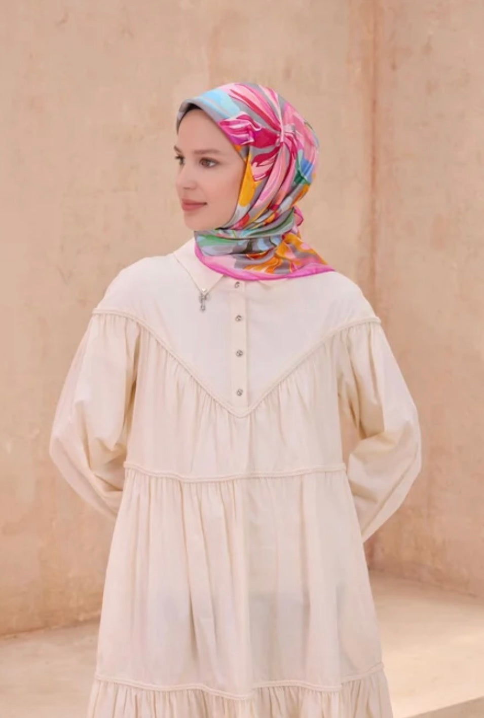 Belli Nostalji Twill İpek Eşarp Pembe-Gri