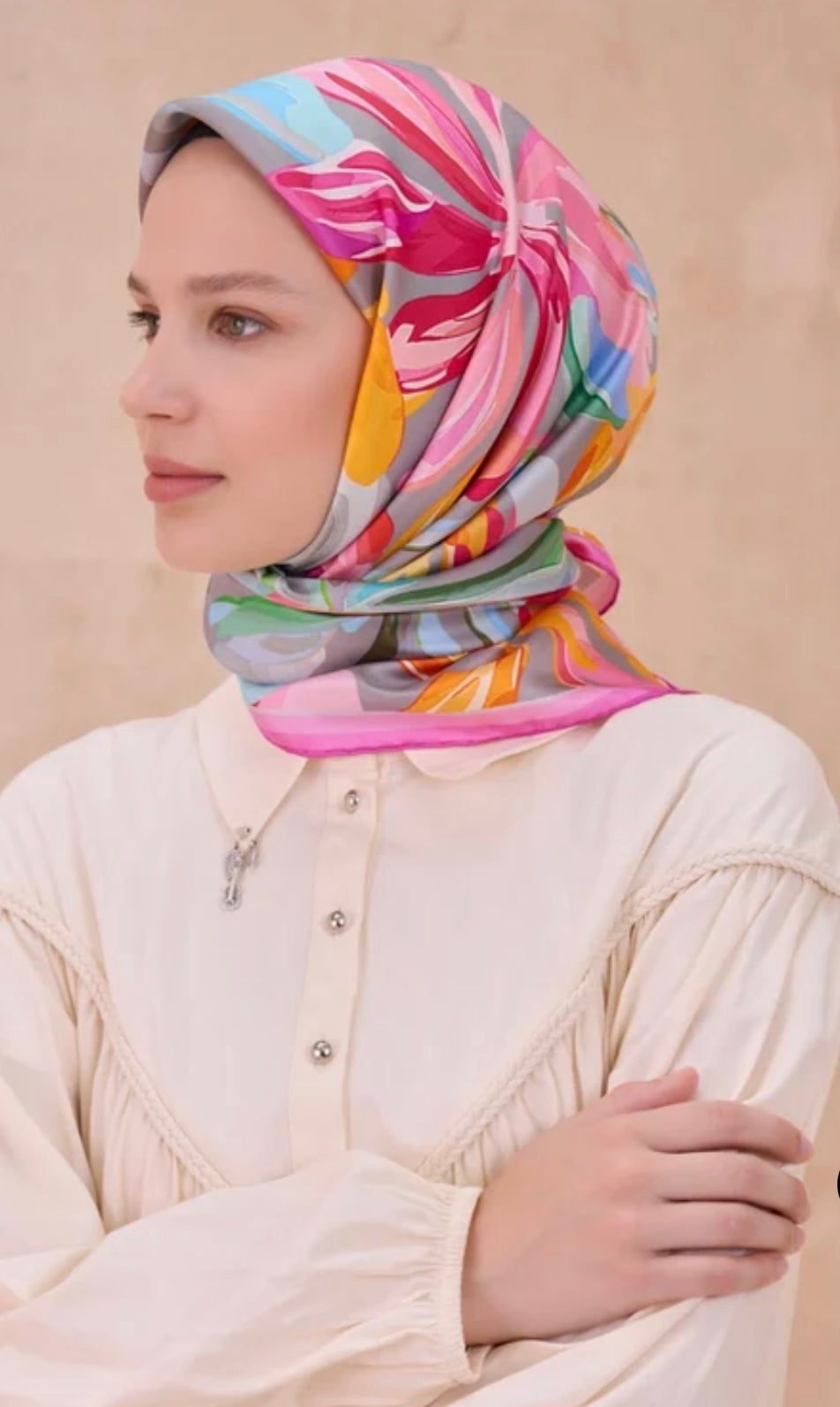 Belli Nostalji Twill İpek Eşarp Pembe-Gri