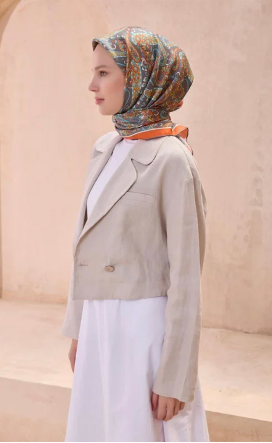 Belli 2025 Yaz Sezonu Twill İpek Eşarp Etro Koyu Gri-Turuncu