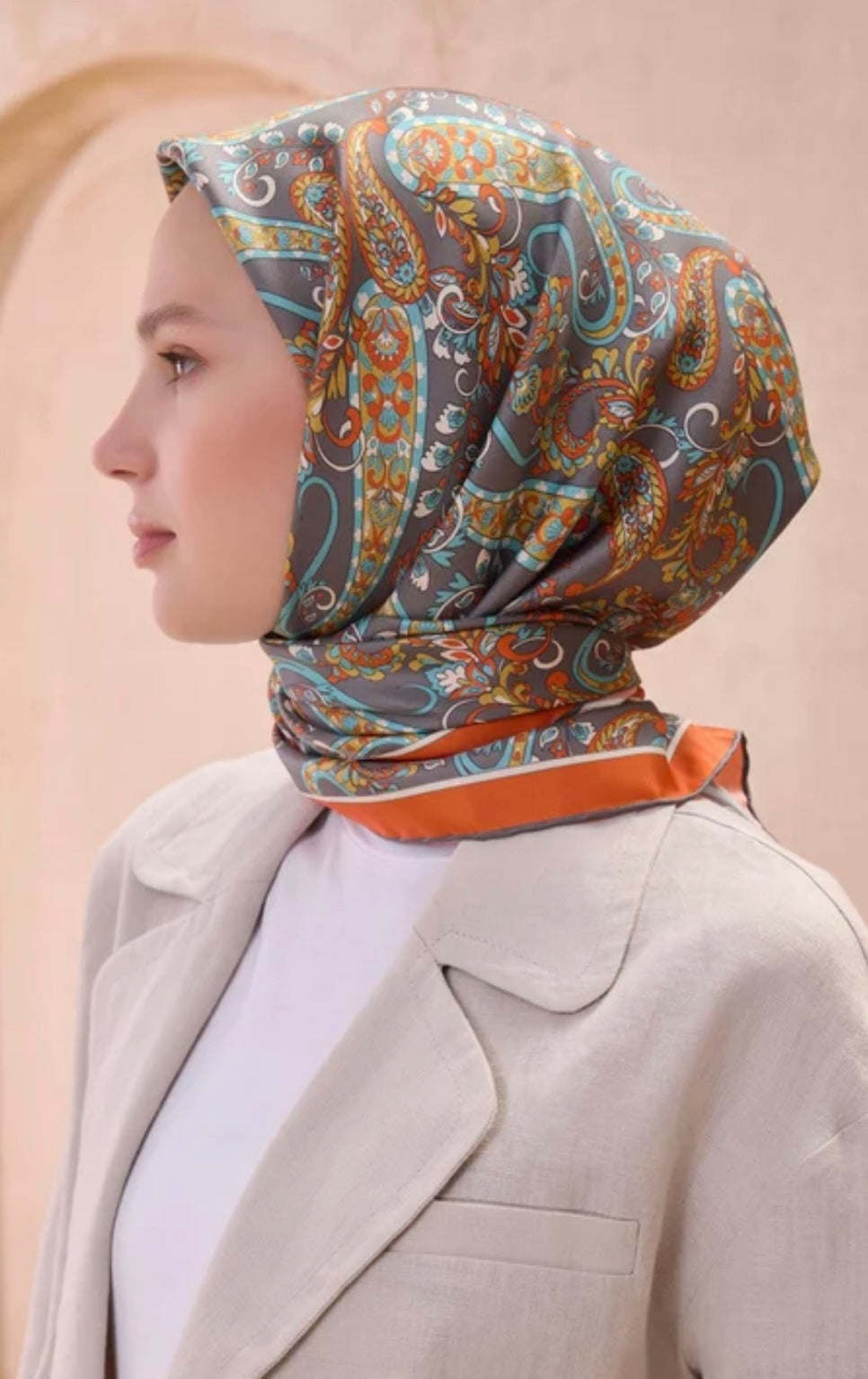 Belli 2025 Yaz Sezonu Twill İpek Eşarp Etro Koyu Gri-Turuncu