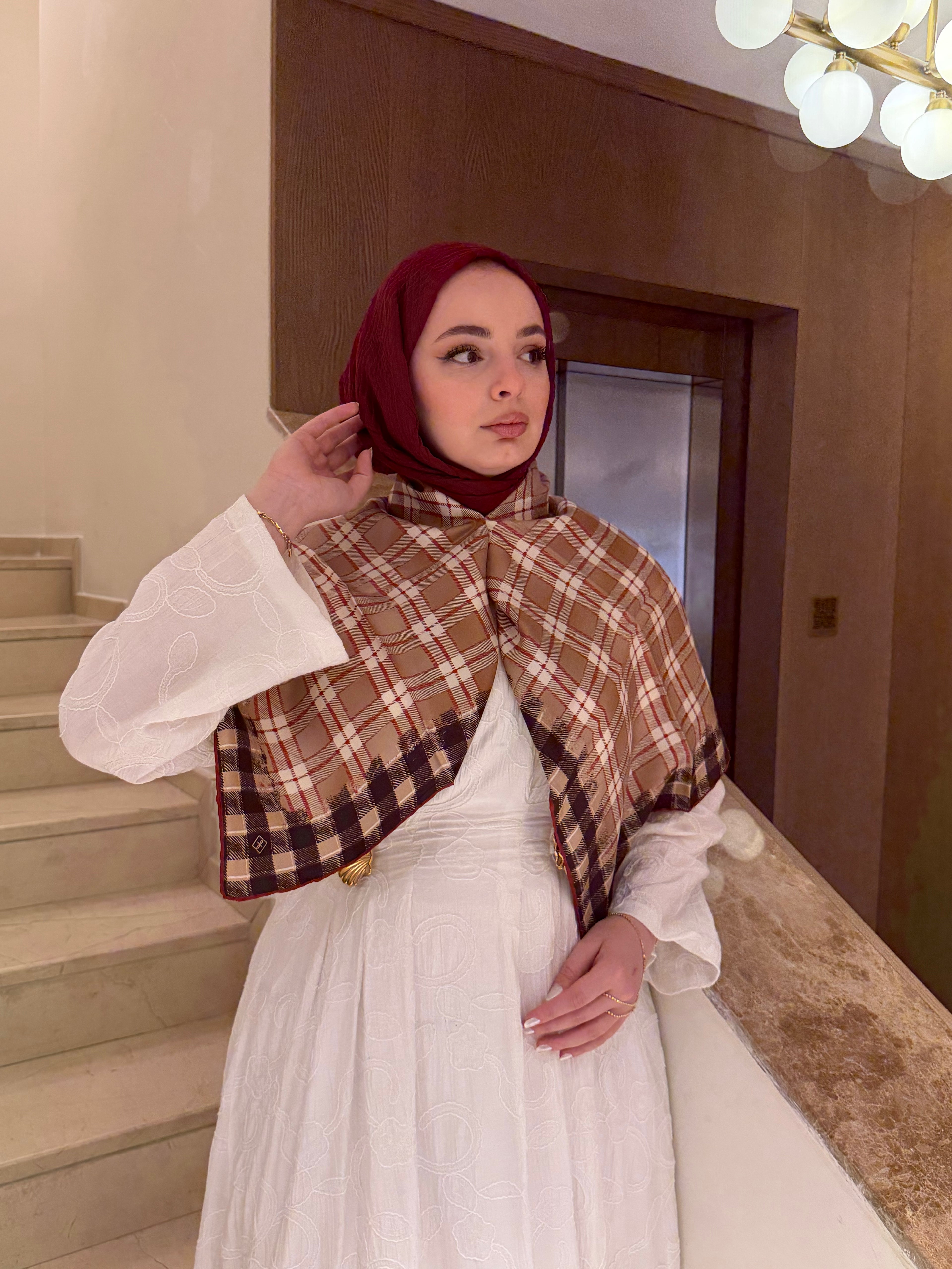 Belli Twill İpek Eşarp Ekose Camel