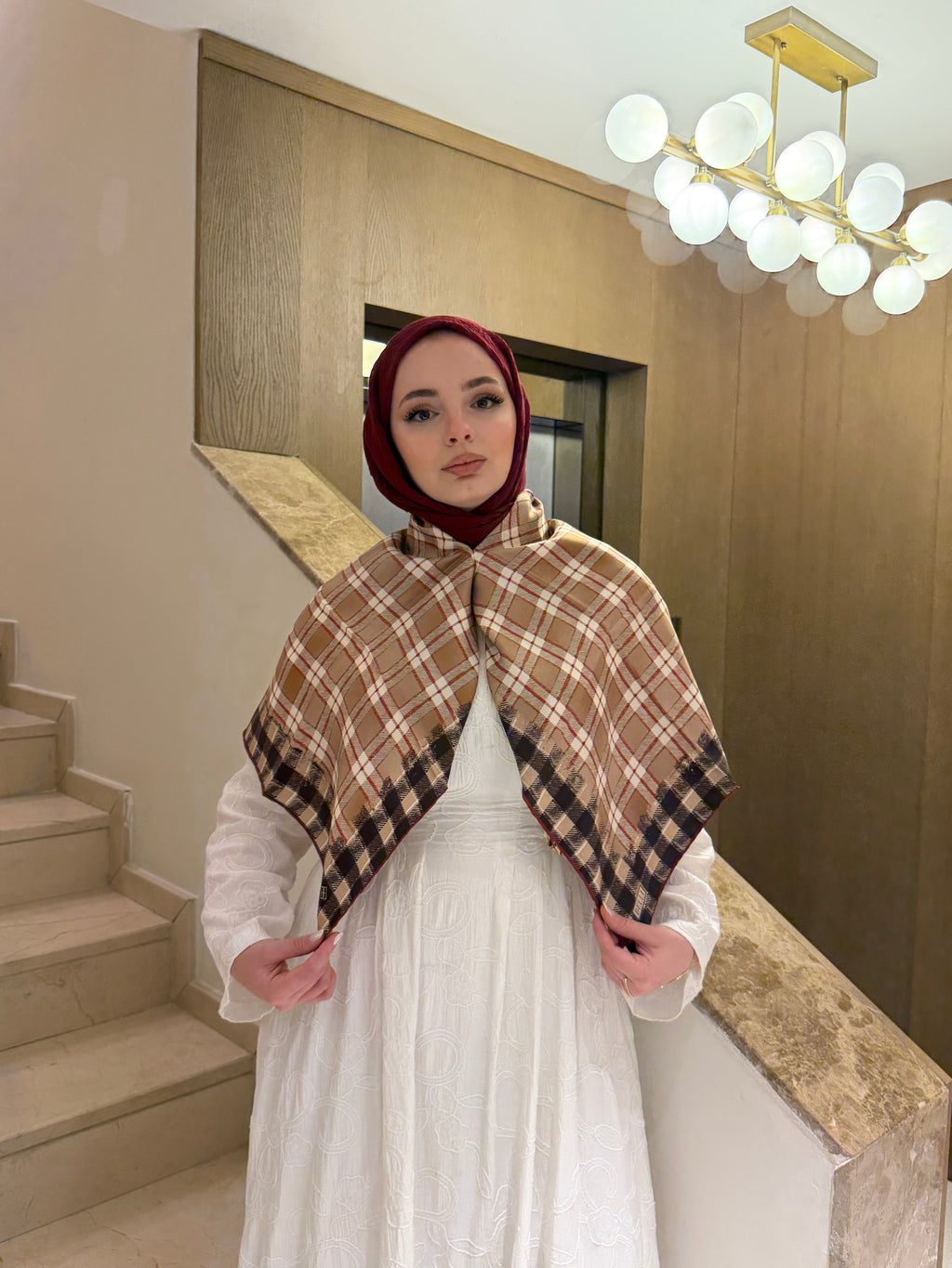 Belli Twill İpek Eşarp Ekose Camel