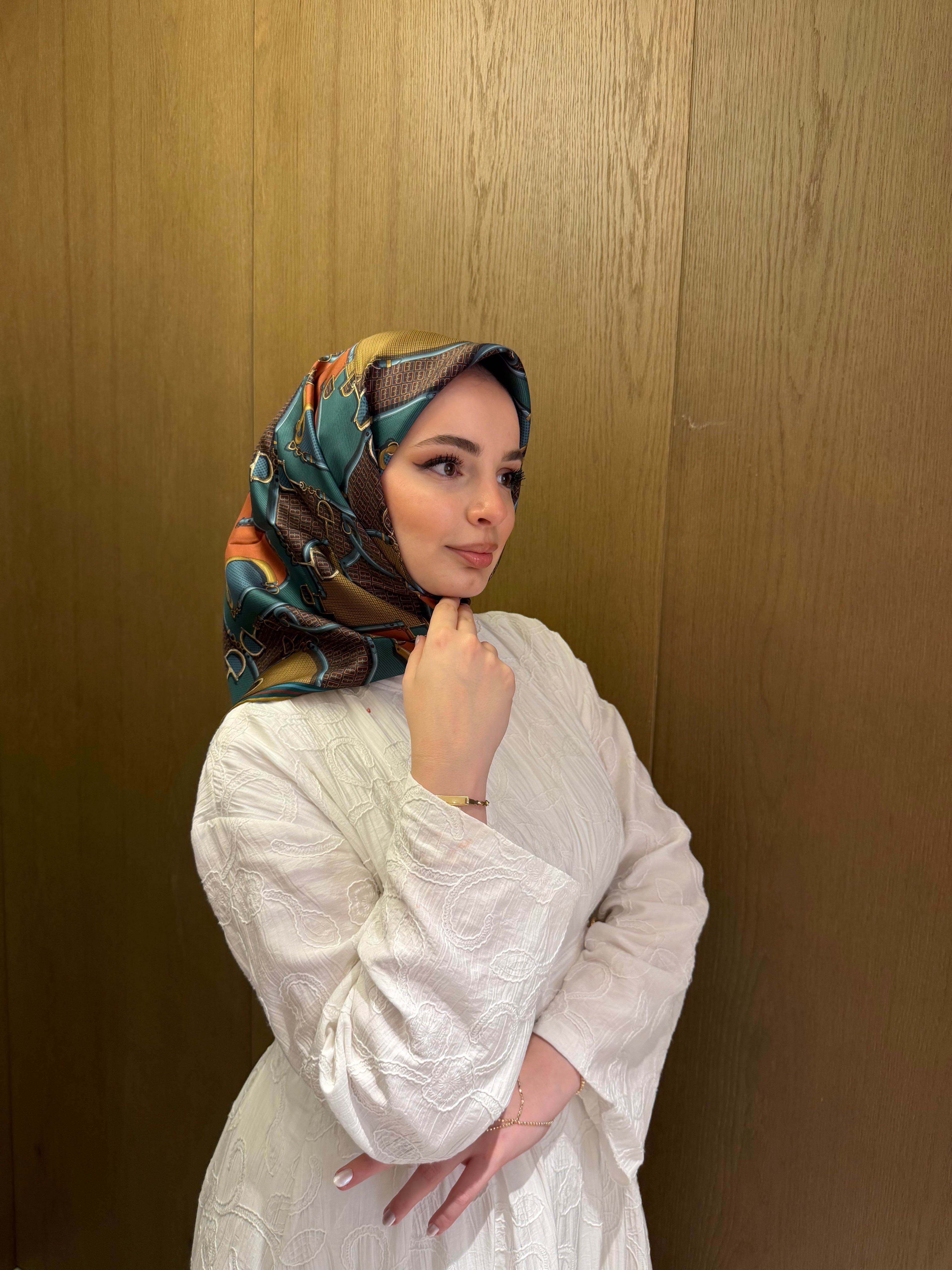 Belli'27 Kış Twill İpek Eşarp Kahve-Turkuaz