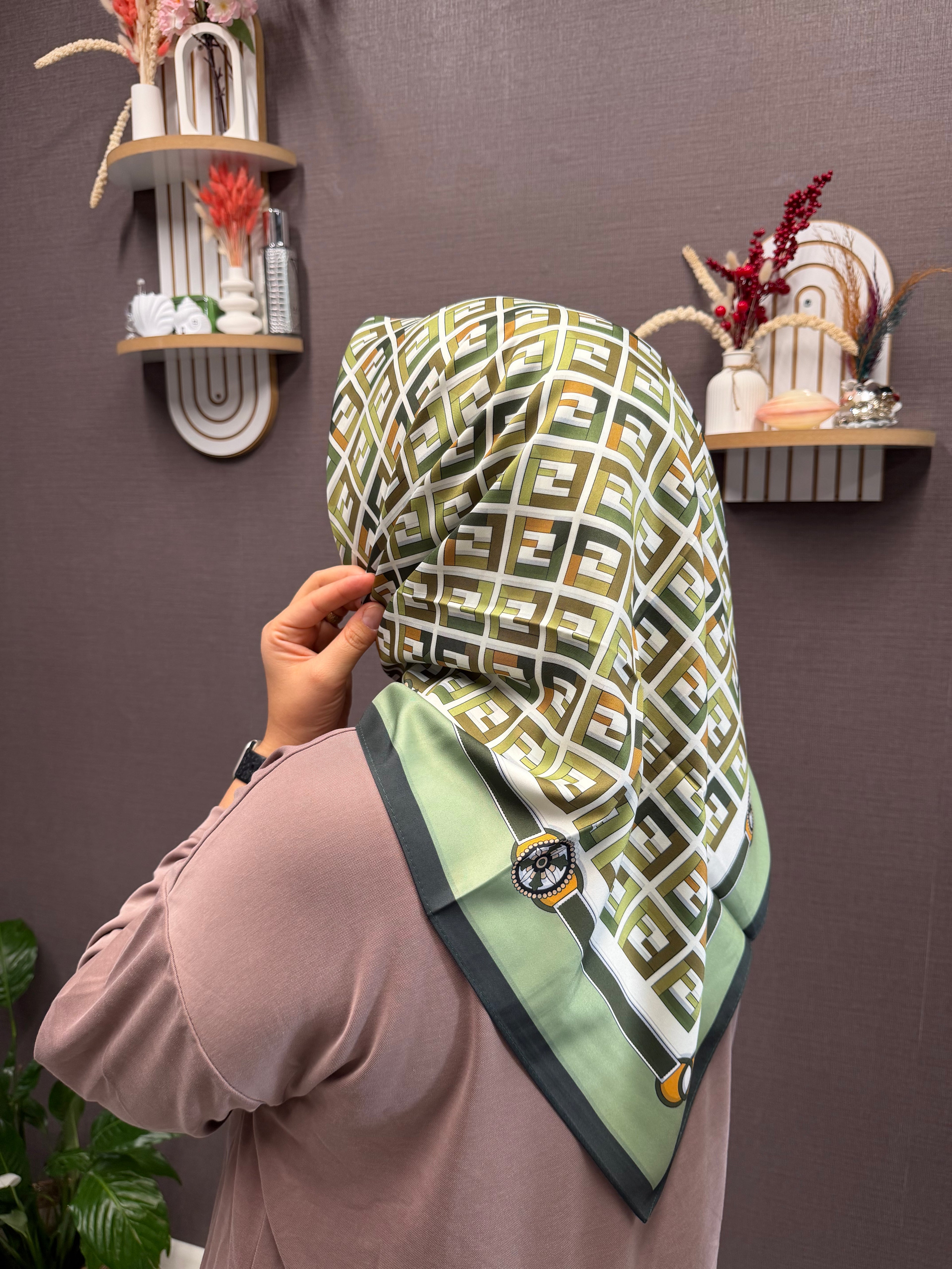 İthal Çift Taraflı Twill Eşarp Yeşil-Gri