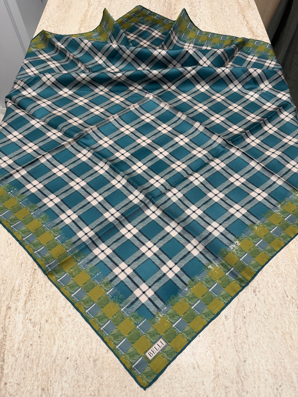 Belli Twill İpek Eşarp Ekose Yeşil