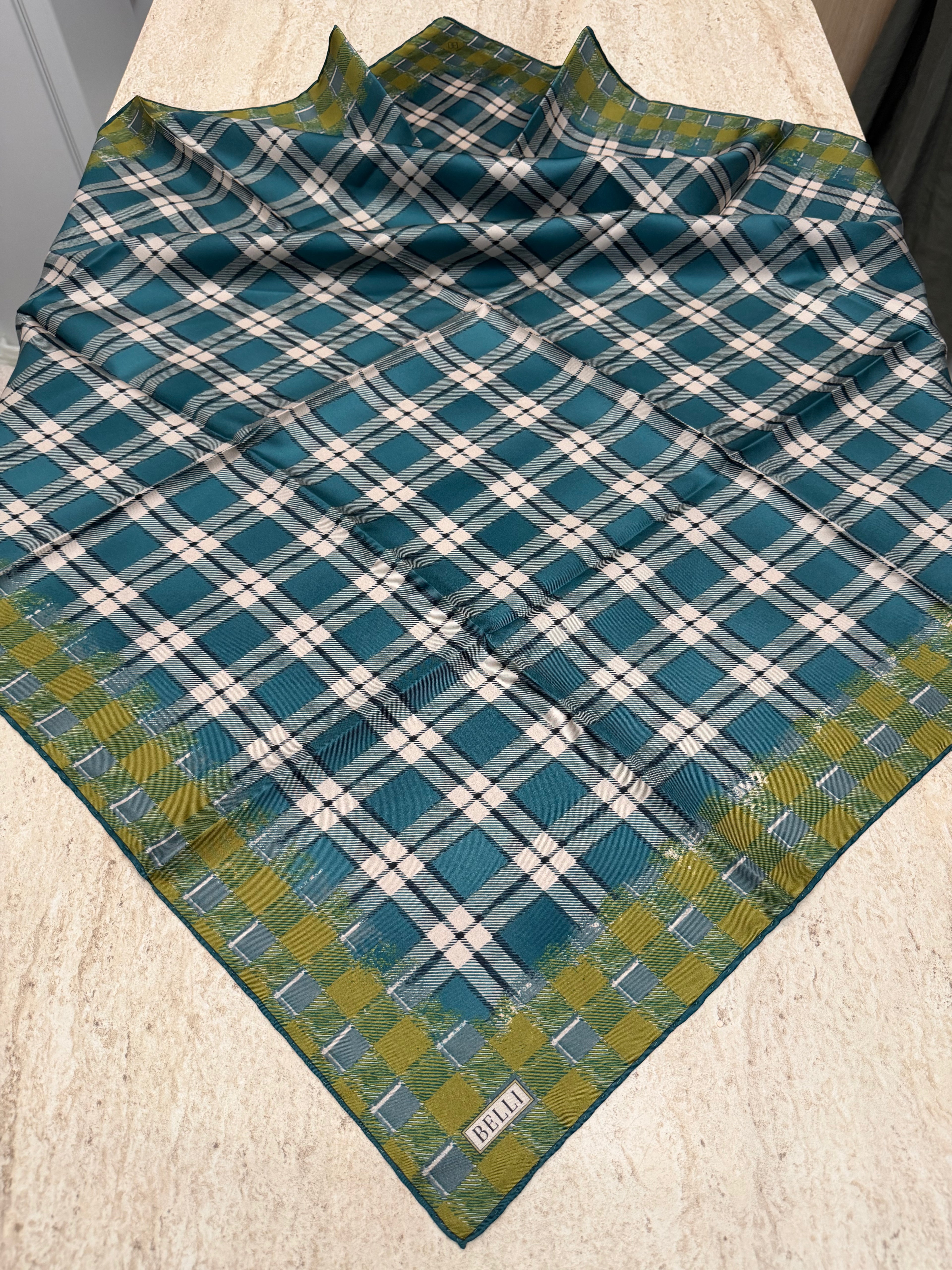 Belli Twill İpek Eşarp Ekose Yeşil
