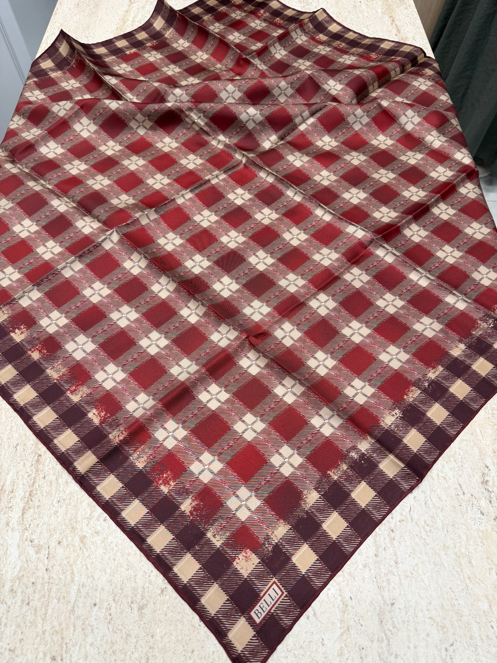 Belli Twill İpek Eşarp Ekose Bordo