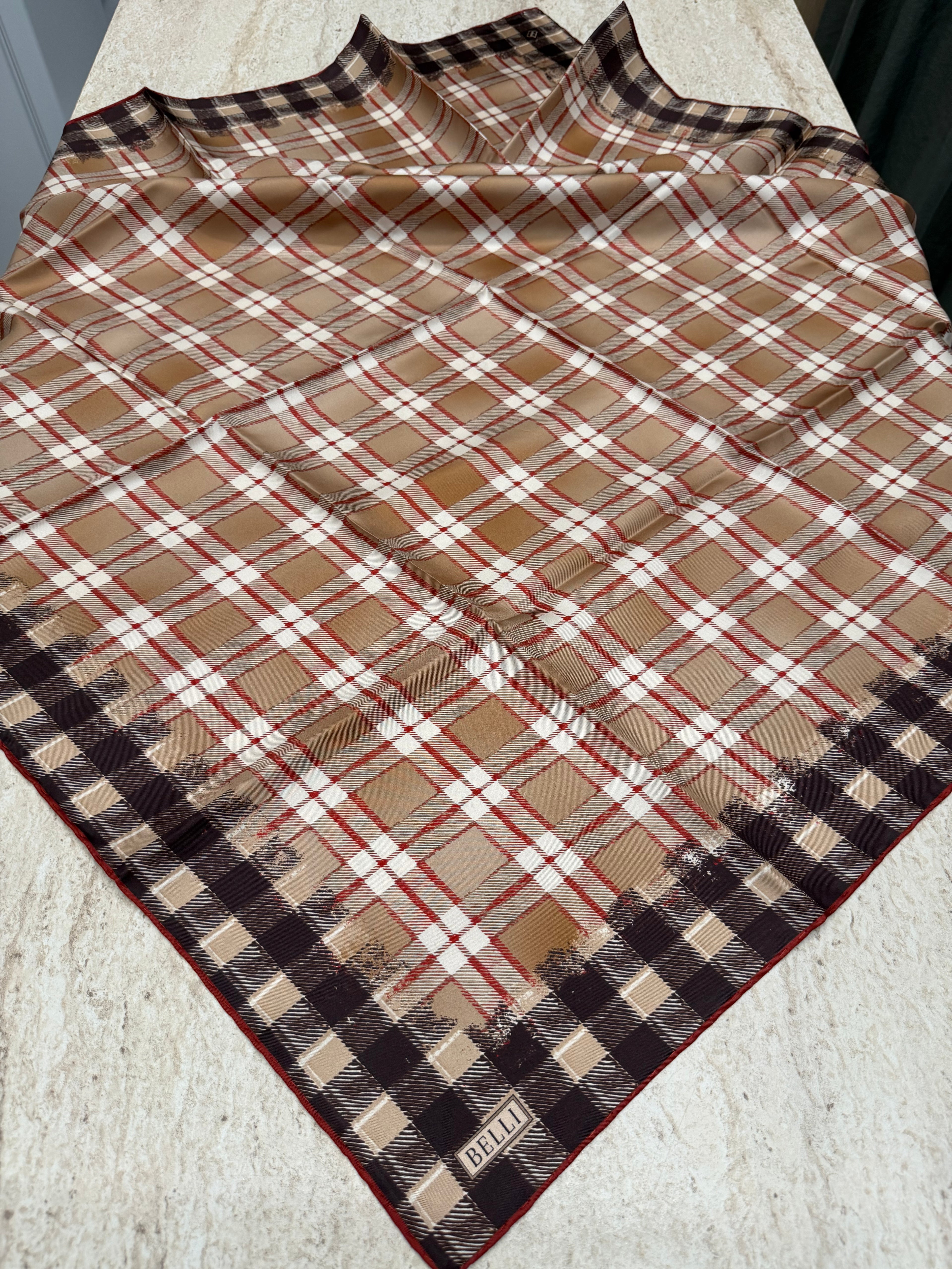 Belli Twill İpek Eşarp Ekose Camel