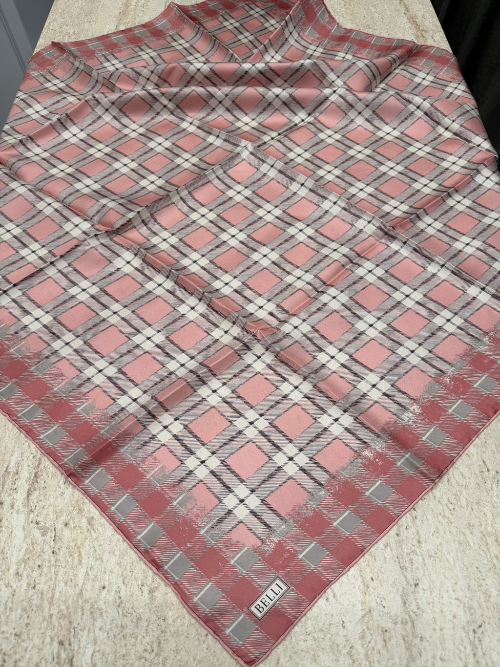 Belli Twill İpek Eşarp Ekose Pembe