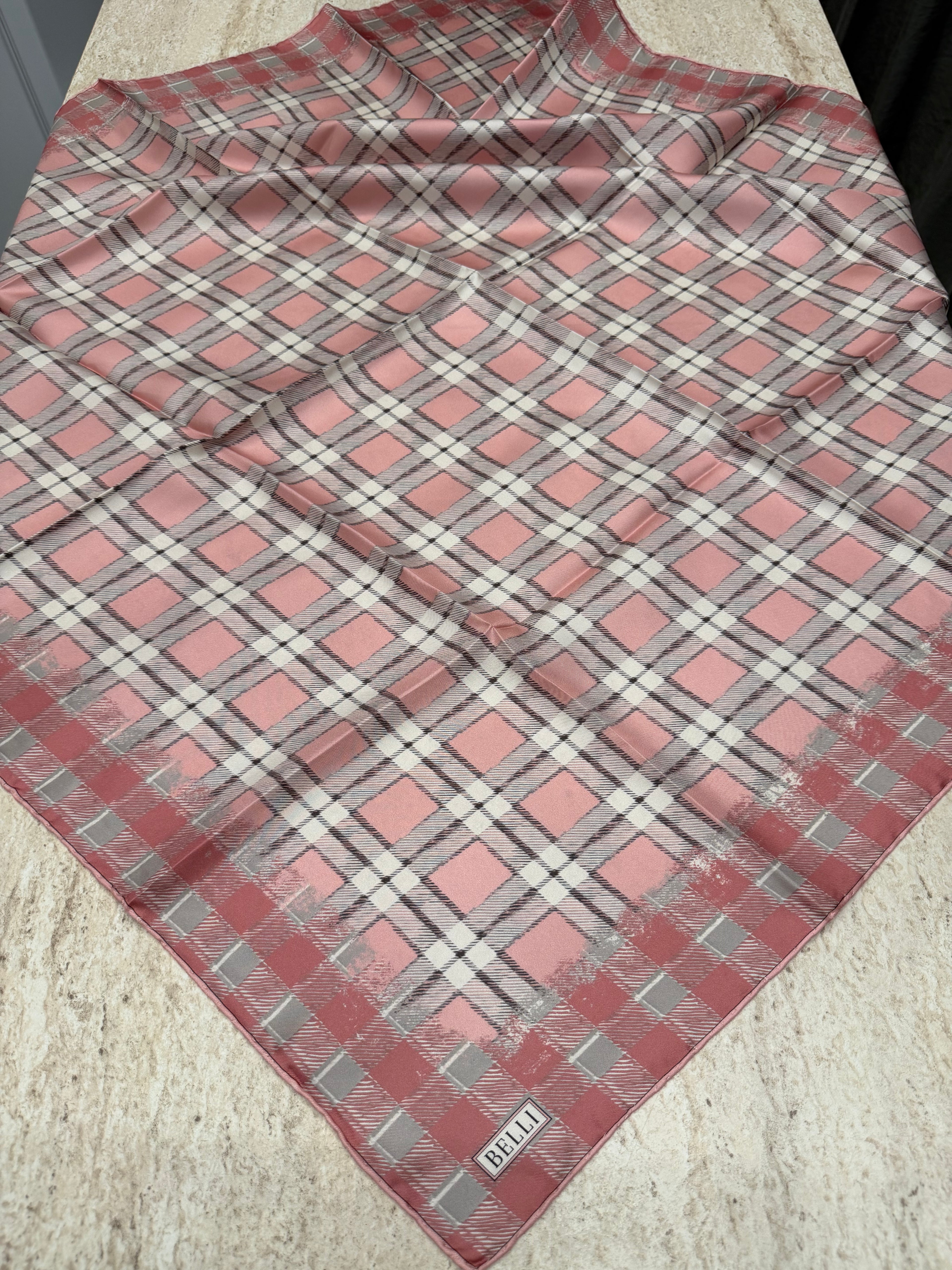 Belli Twill İpek Eşarp Ekose Pembe