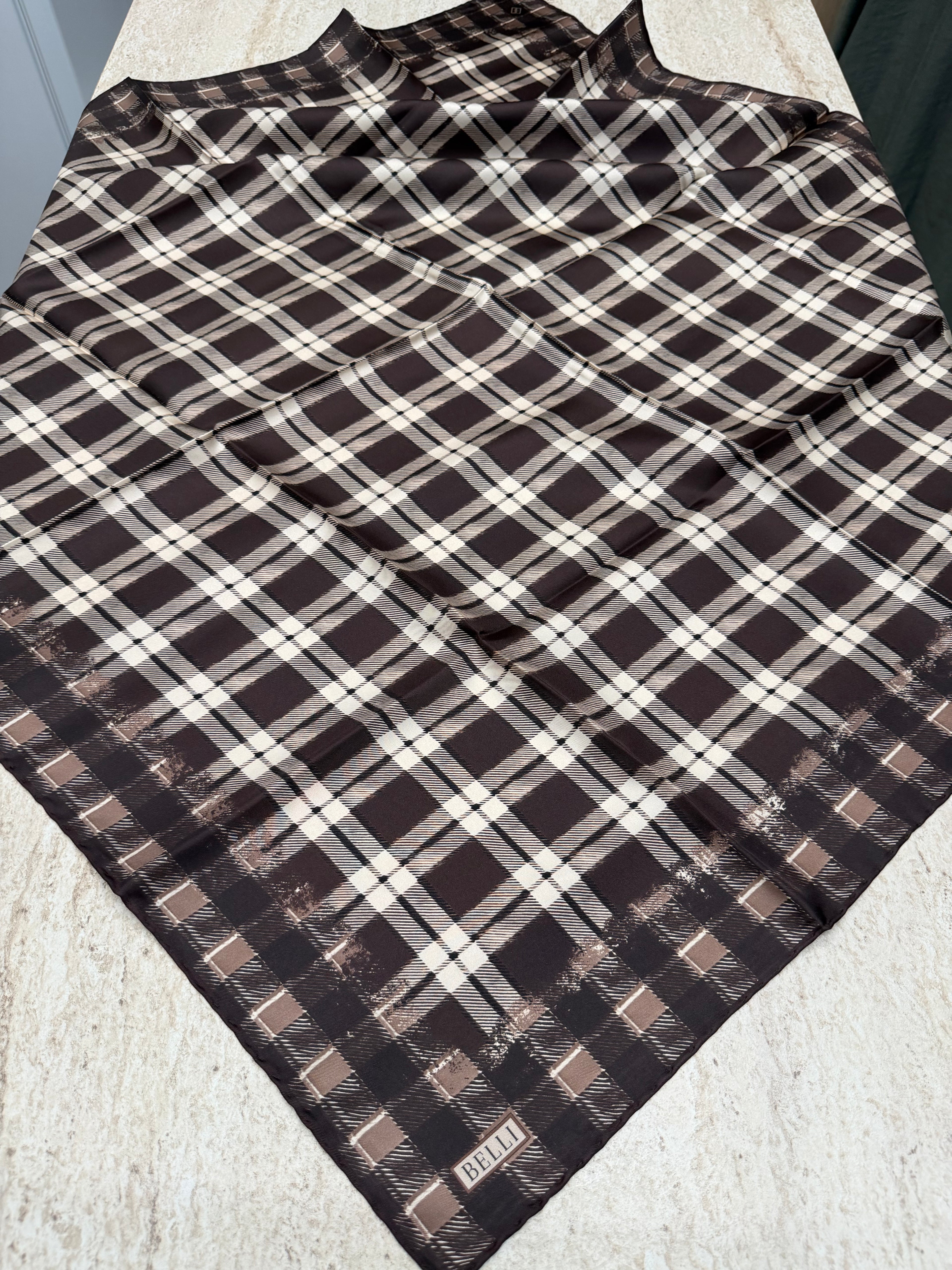 Belli Twill İpek Eşarp Ekose Acı Kahve