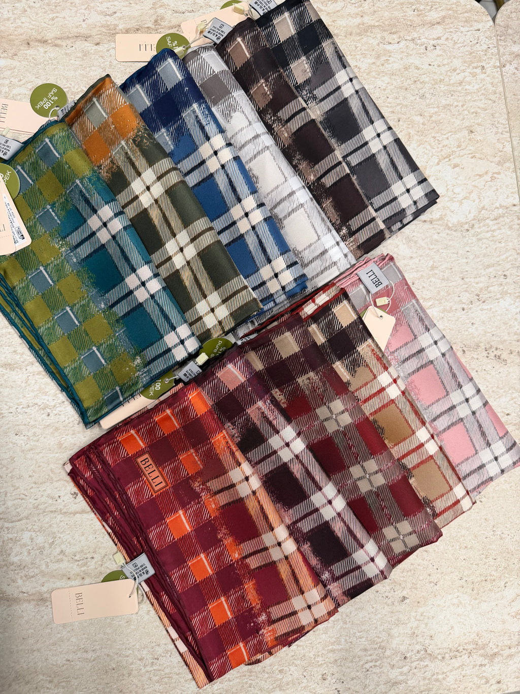 Belli Twill İpek Eşarp Ekose Yeşil