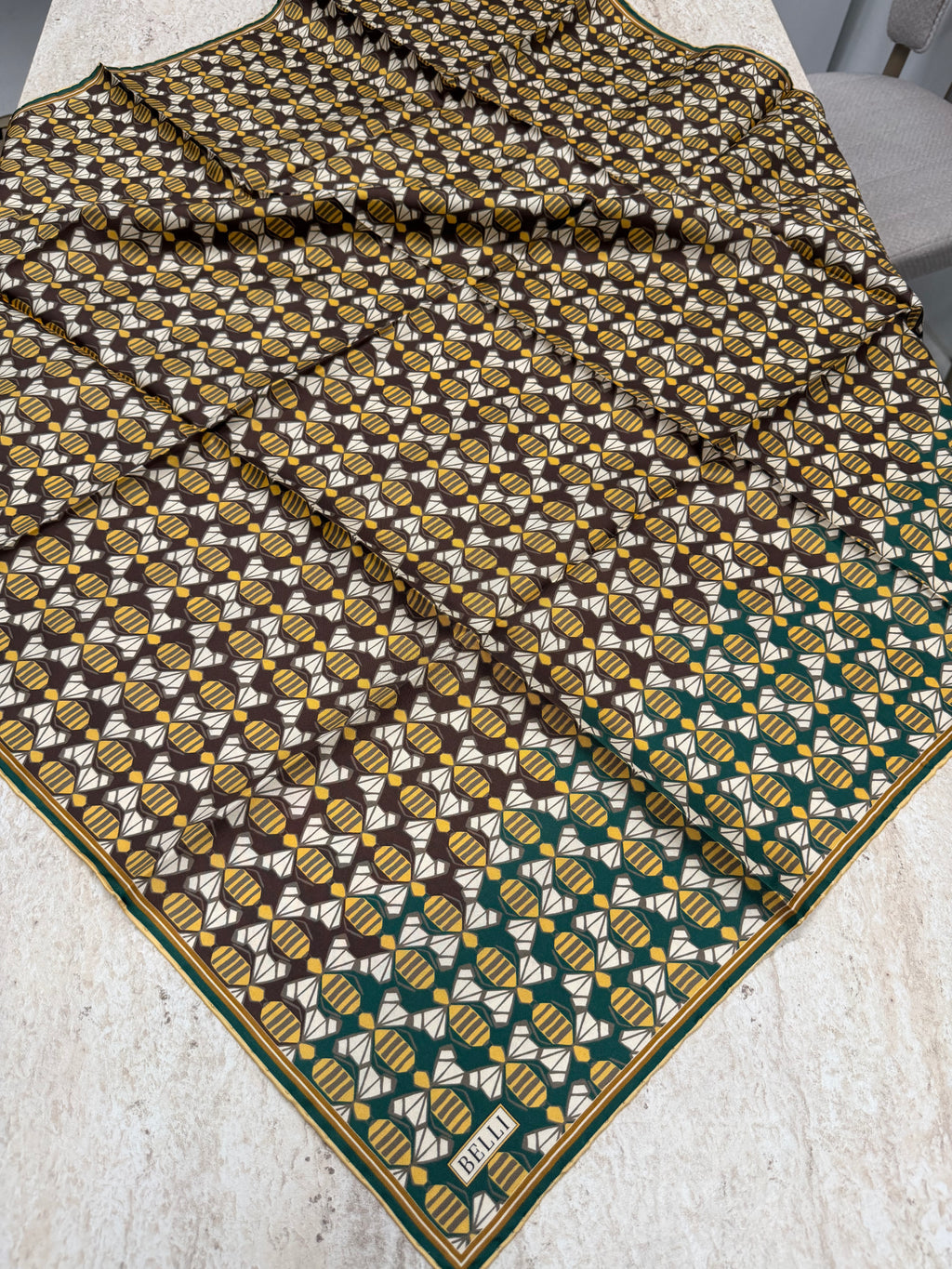 Belli'27 Kış Twill İpek Eşarp Kahve-Yeşil
