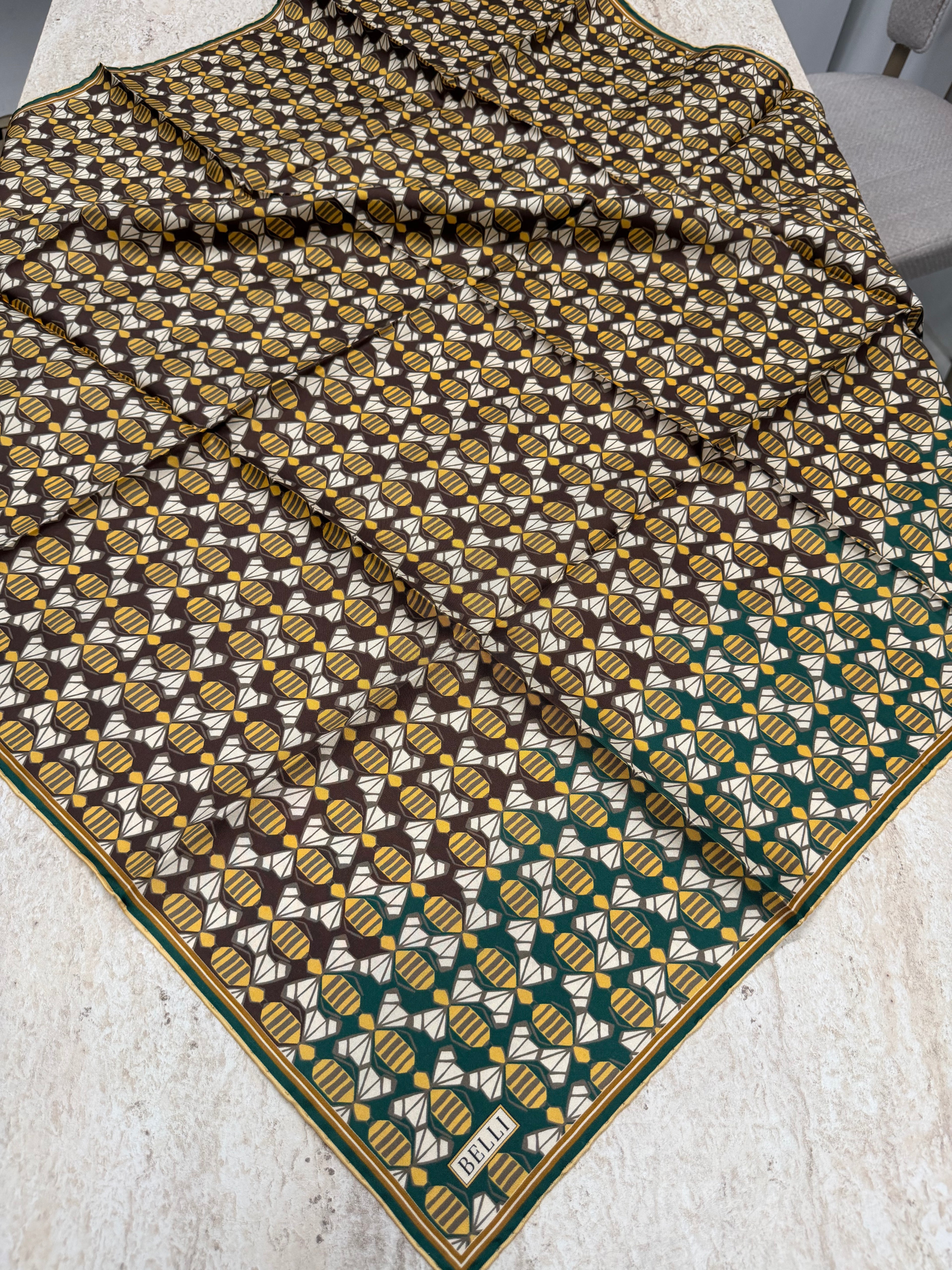Belli'27 Kış Twill İpek Eşarp Kahve-Yeşil