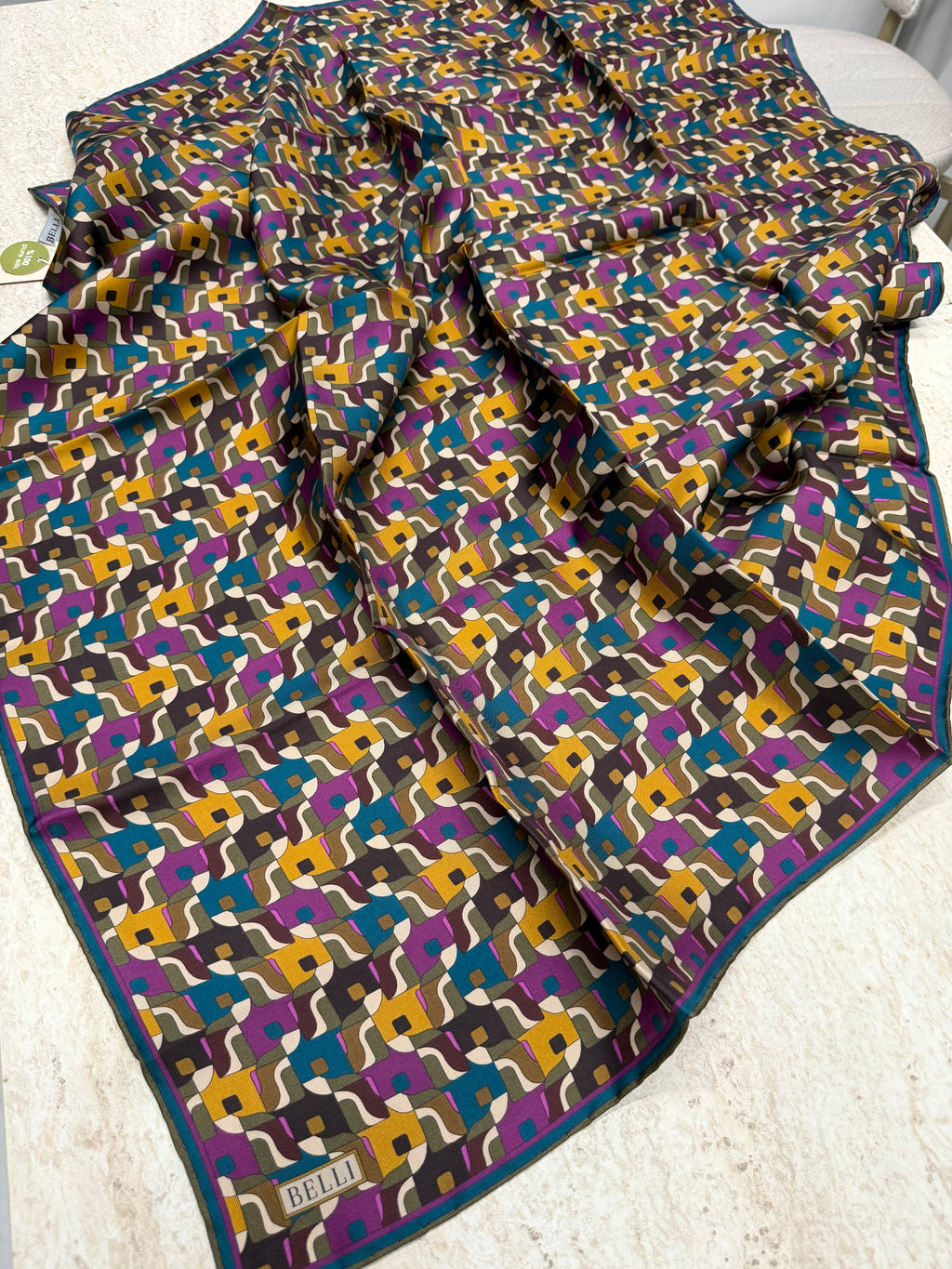 Belli'27 Kış Twill İpek Eşarp Fuşya-Haki