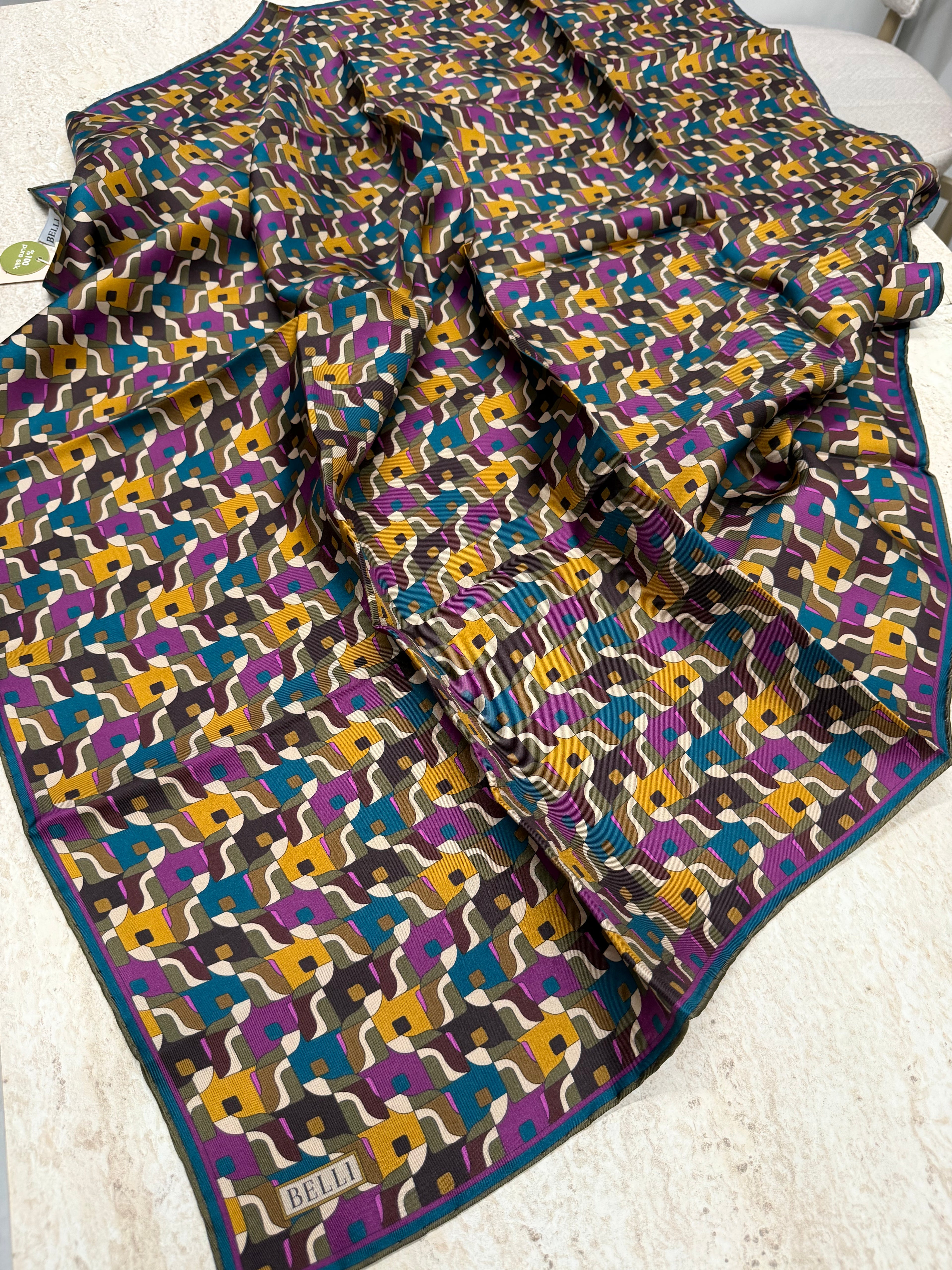 Belli'27 Kış Twill İpek Eşarp Fuşya-Haki