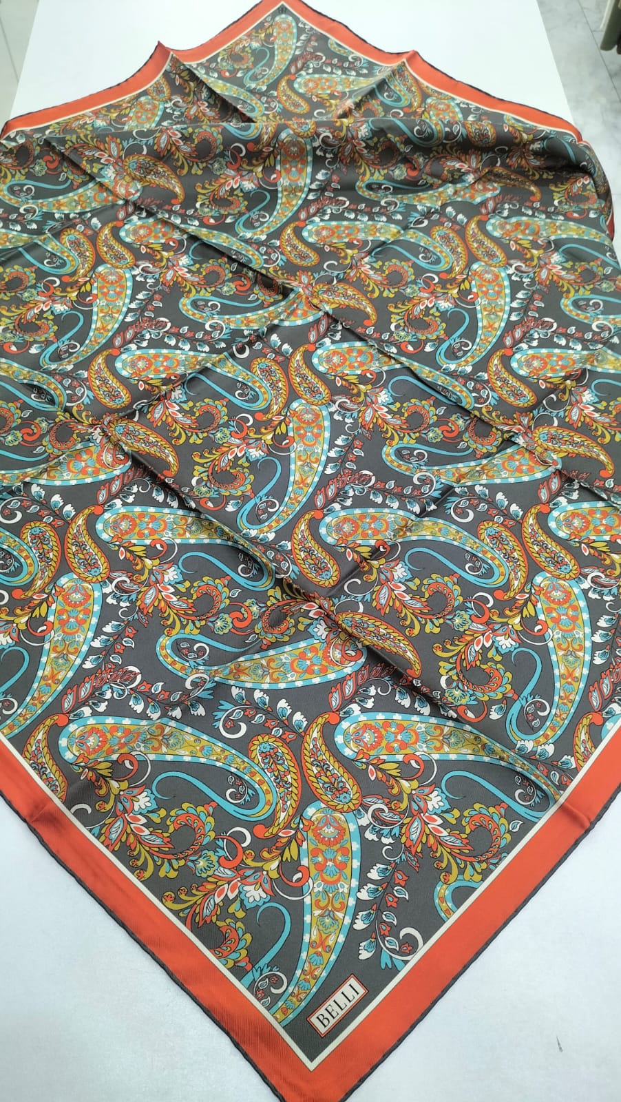Belli 2025 Yaz Sezonu Twill İpek Eşarp Etro Koyu Gri-Turuncu