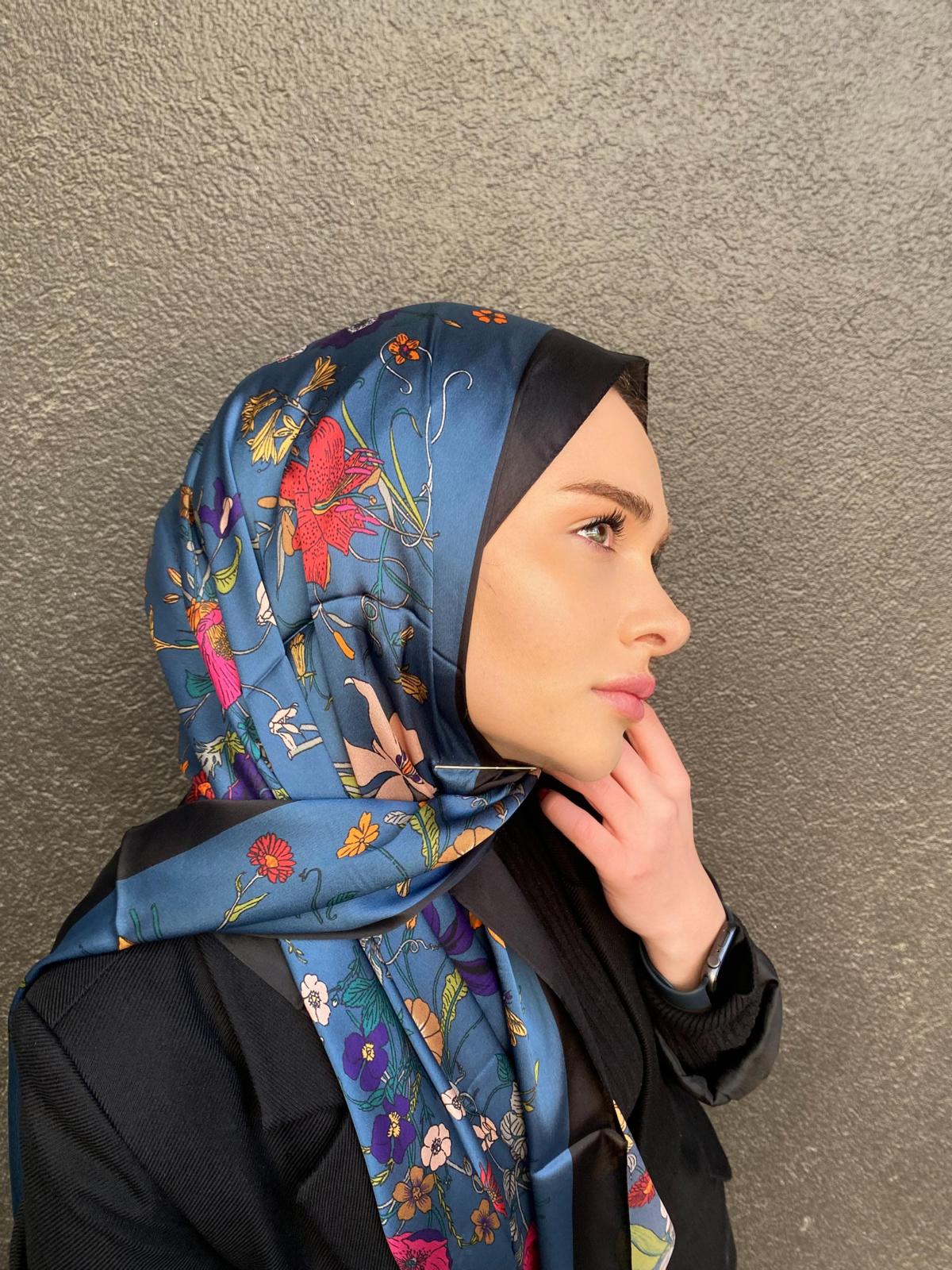 Lina Çiçek Vual İpek Şal İndigo