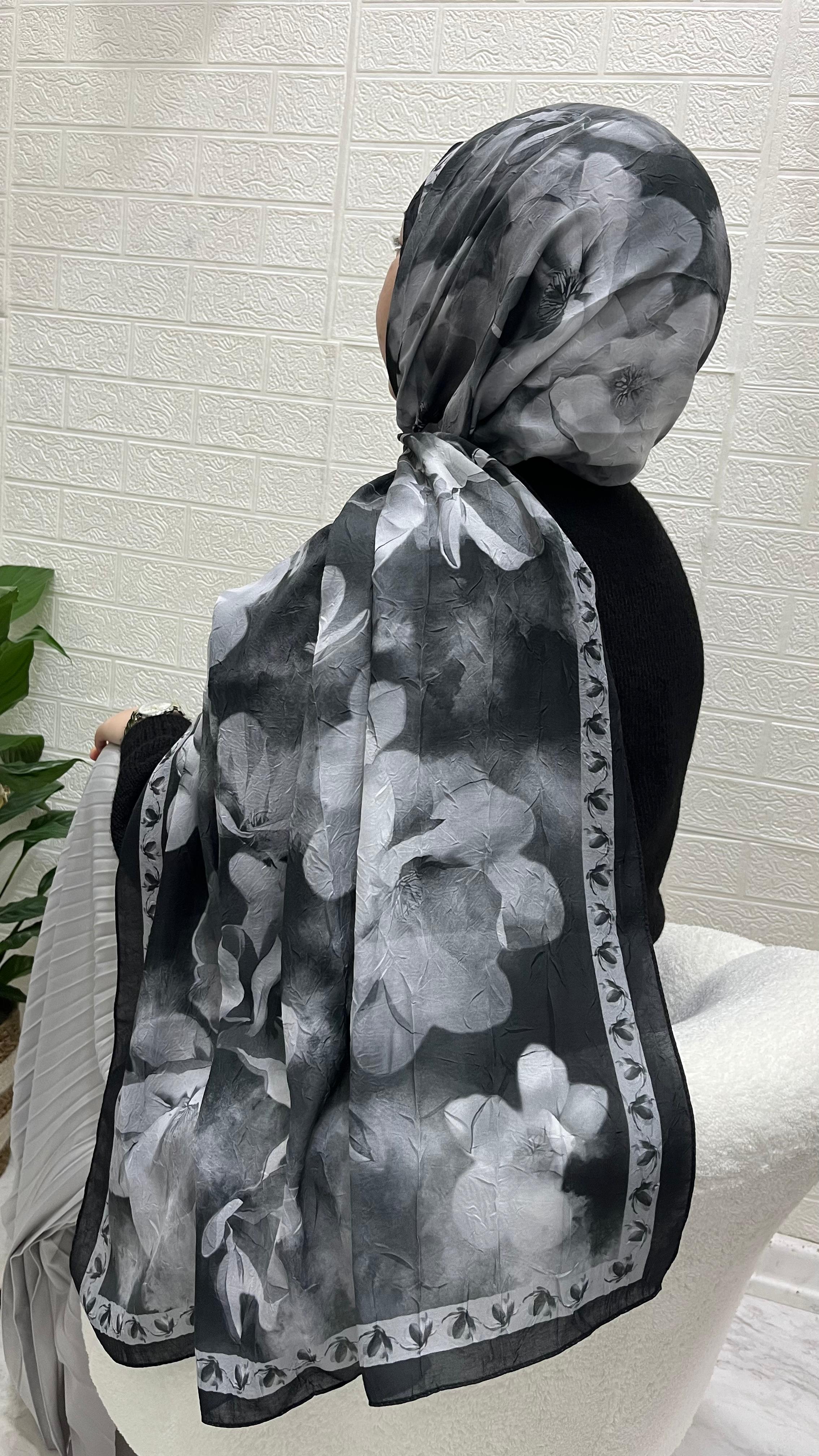 PEONY Desenli Kraş Şal Siyah