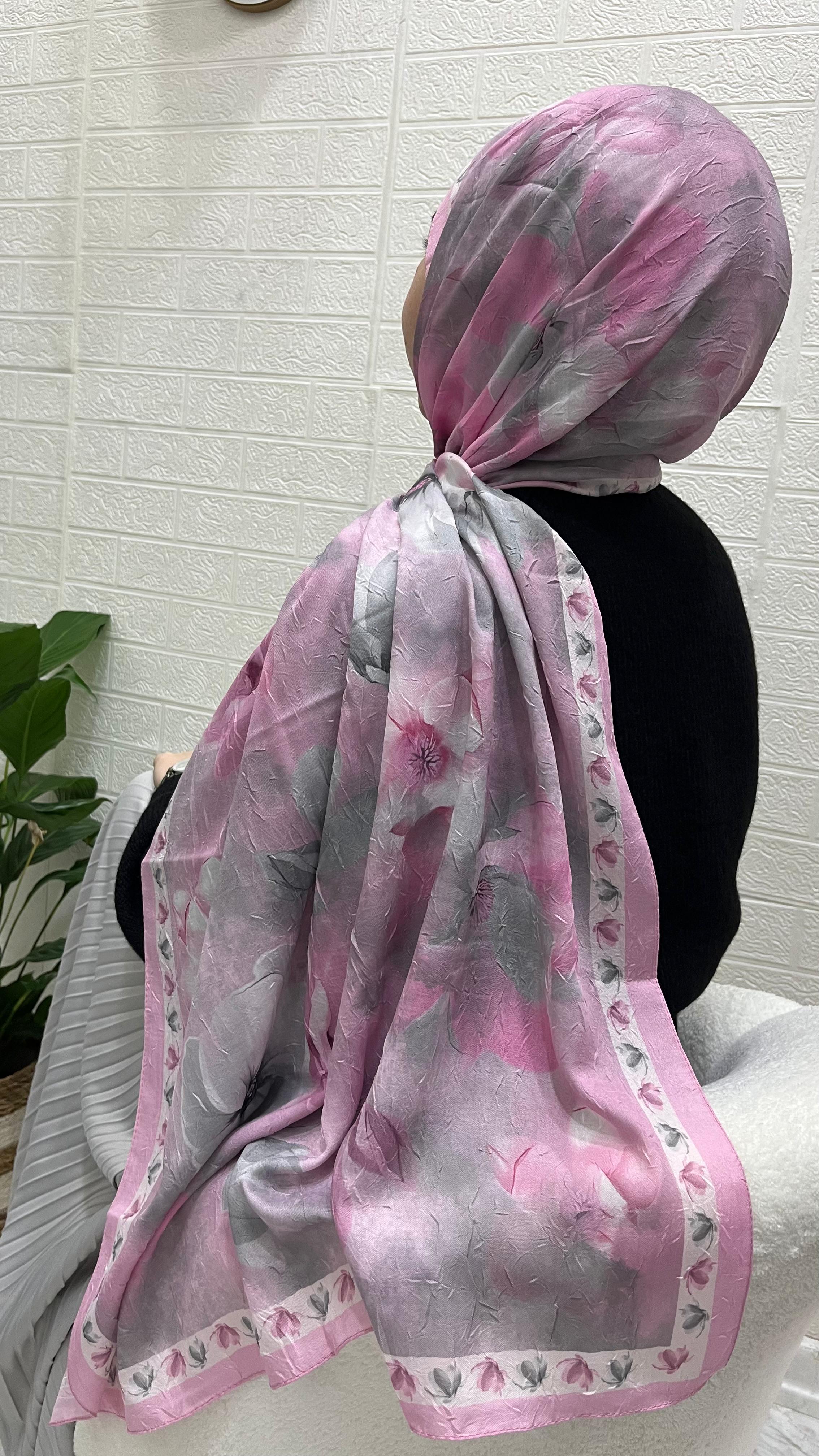 PEONY Desenli Kraş Şal Pembe-Gri