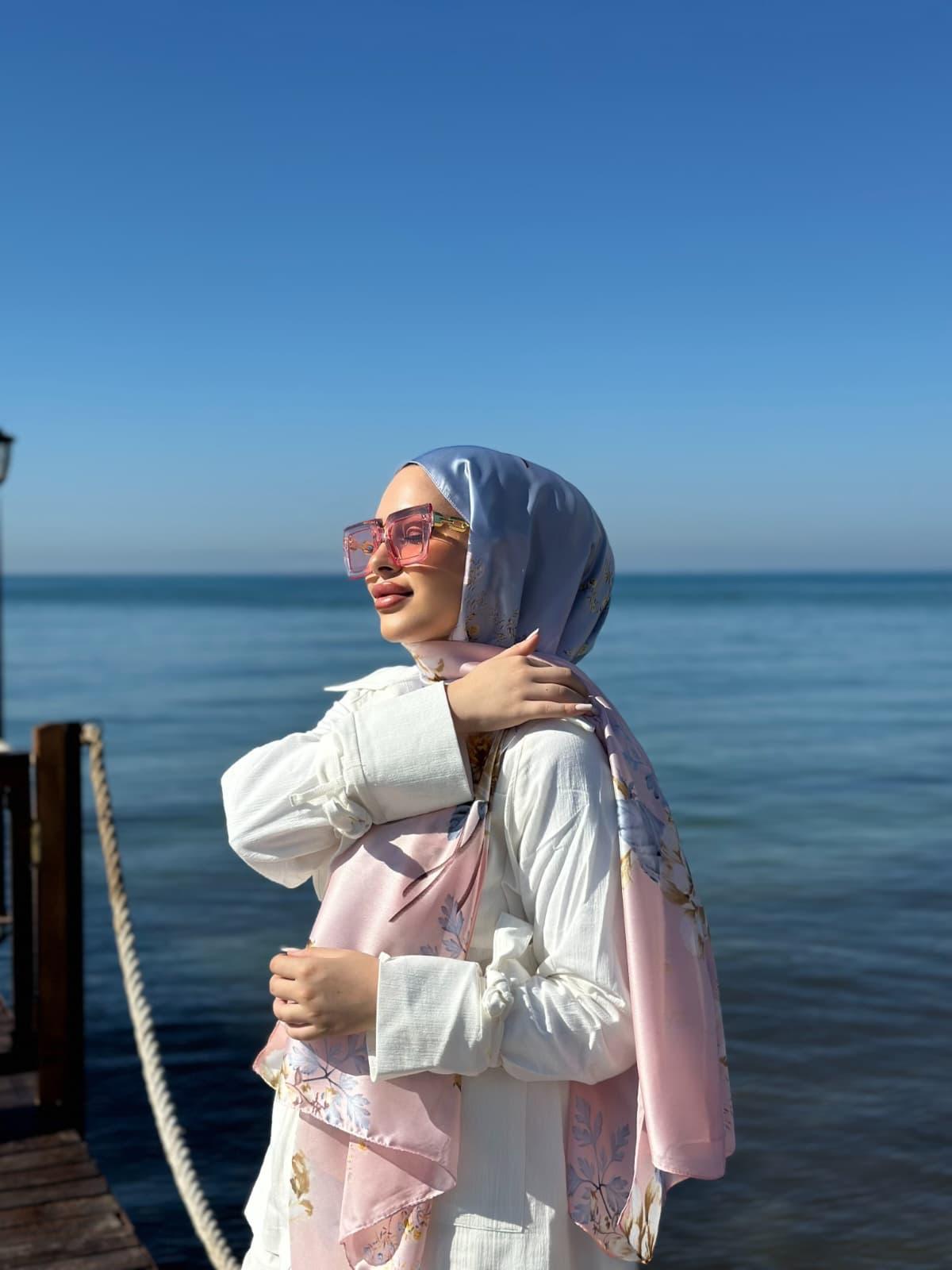 Rose Desen Vual İpek Şal Pudra