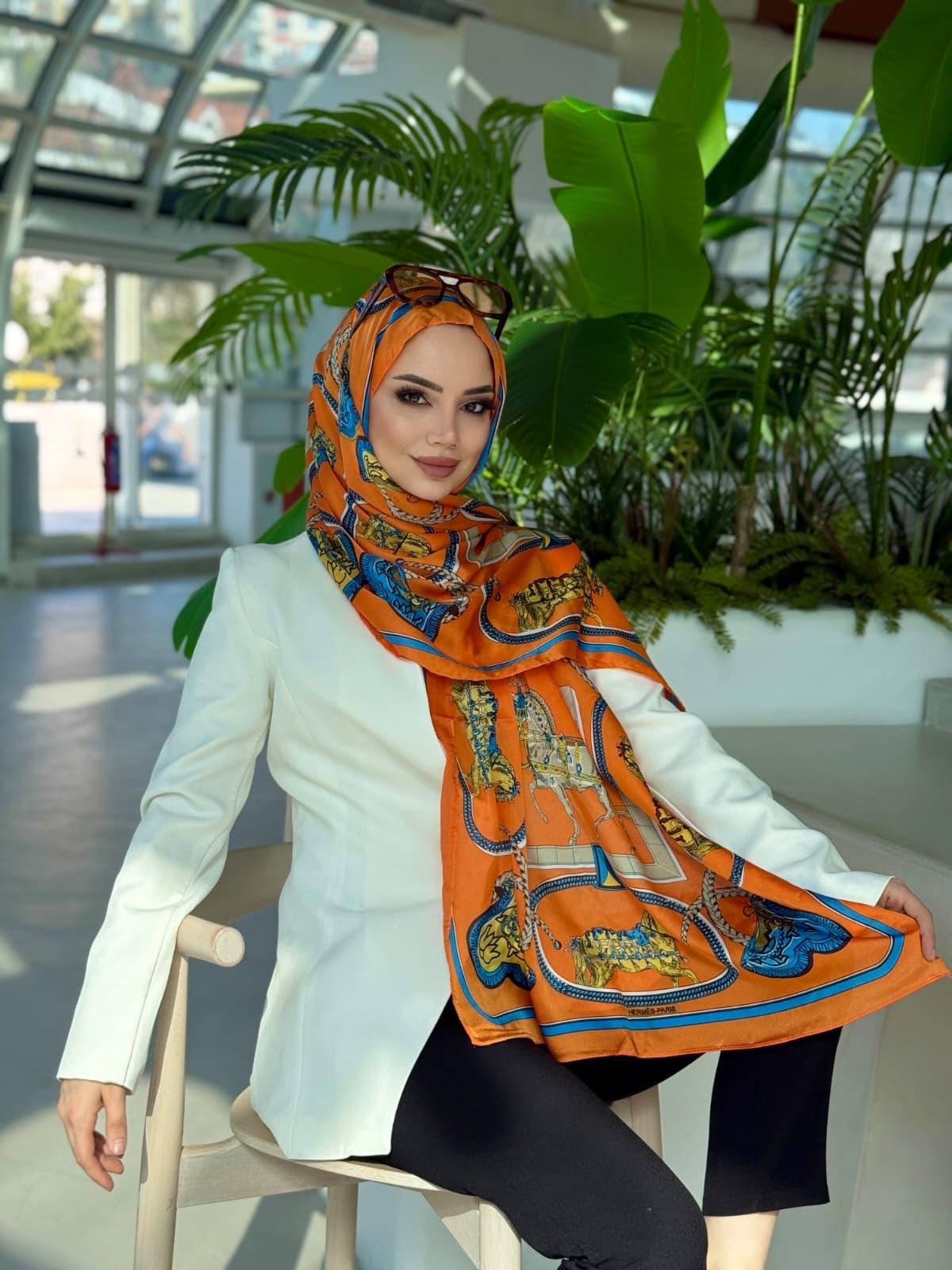 Figür Desen Vual İpek Şal Turuncu