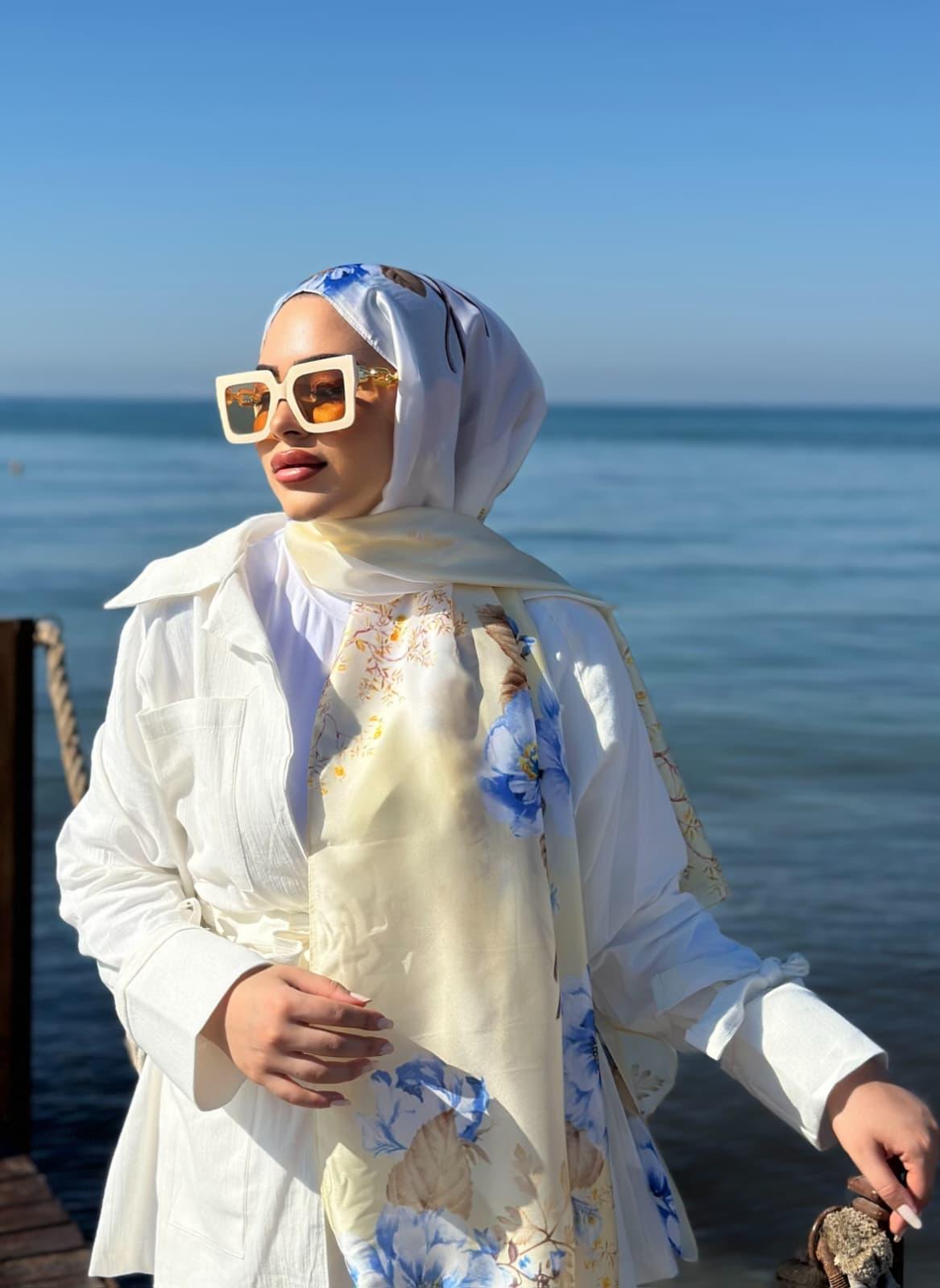 Flower Desen Vual İpek Şal Vanilya-Mavi