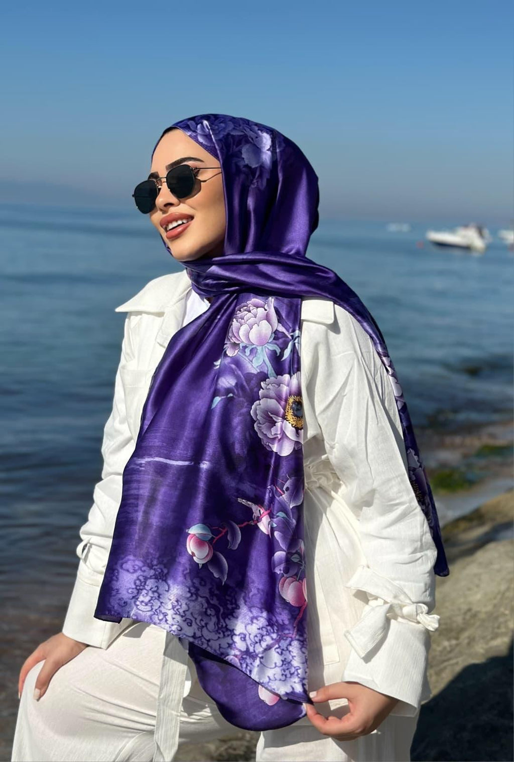 Flower Desen Vual İpek Şal Mor