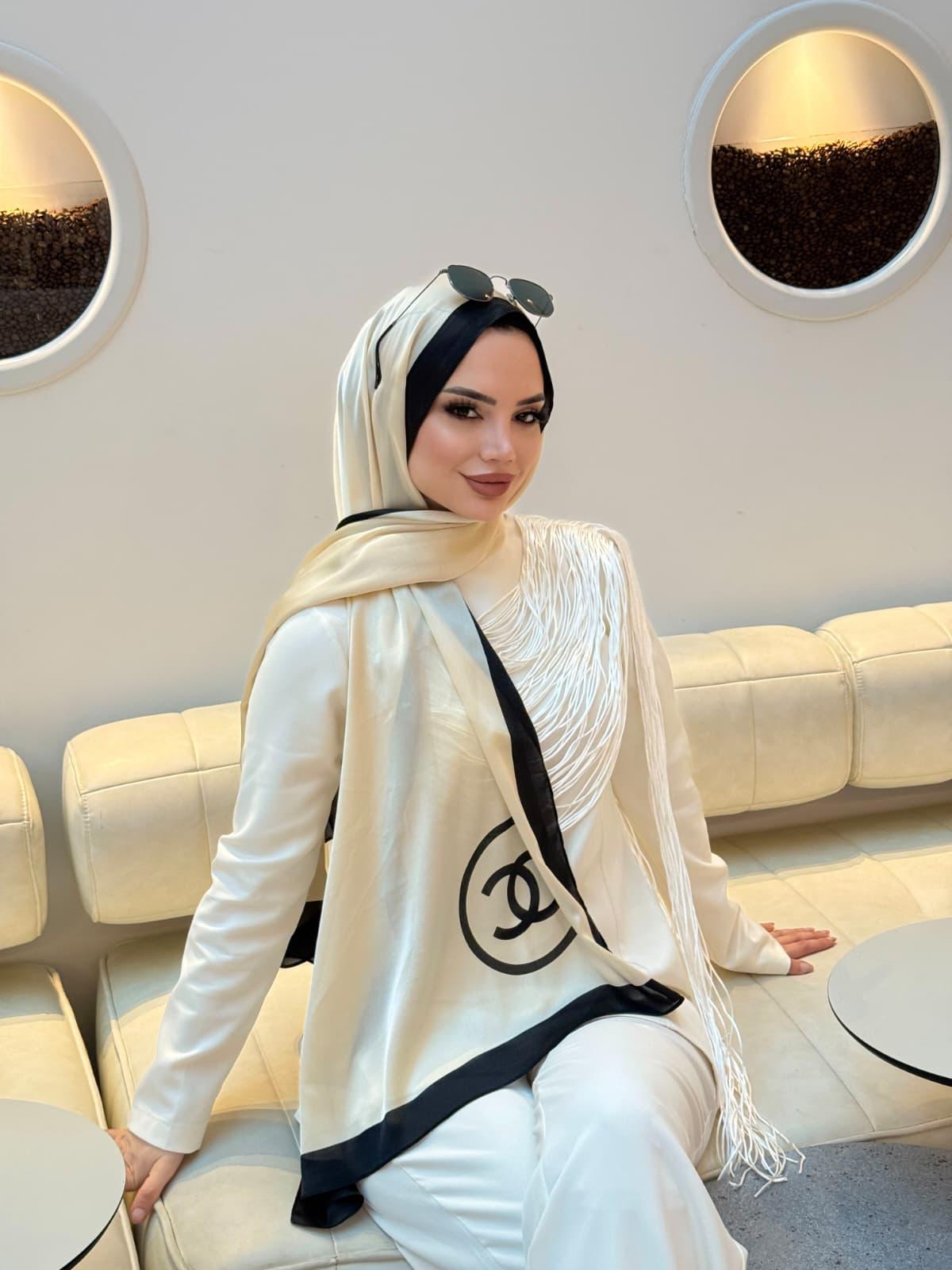 Harf Desen Vual İpek Şal Vanilya