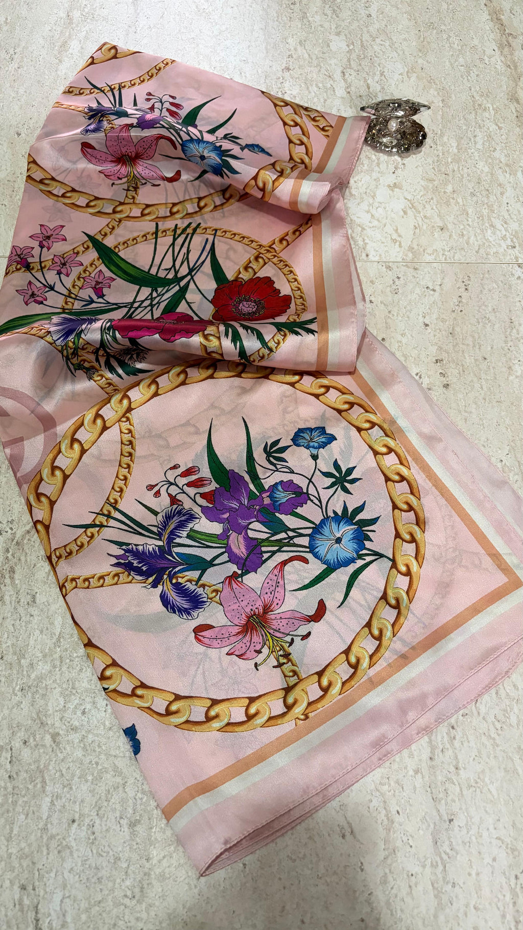 Flora Luxe Desen Vual İpek Şal Pudra
