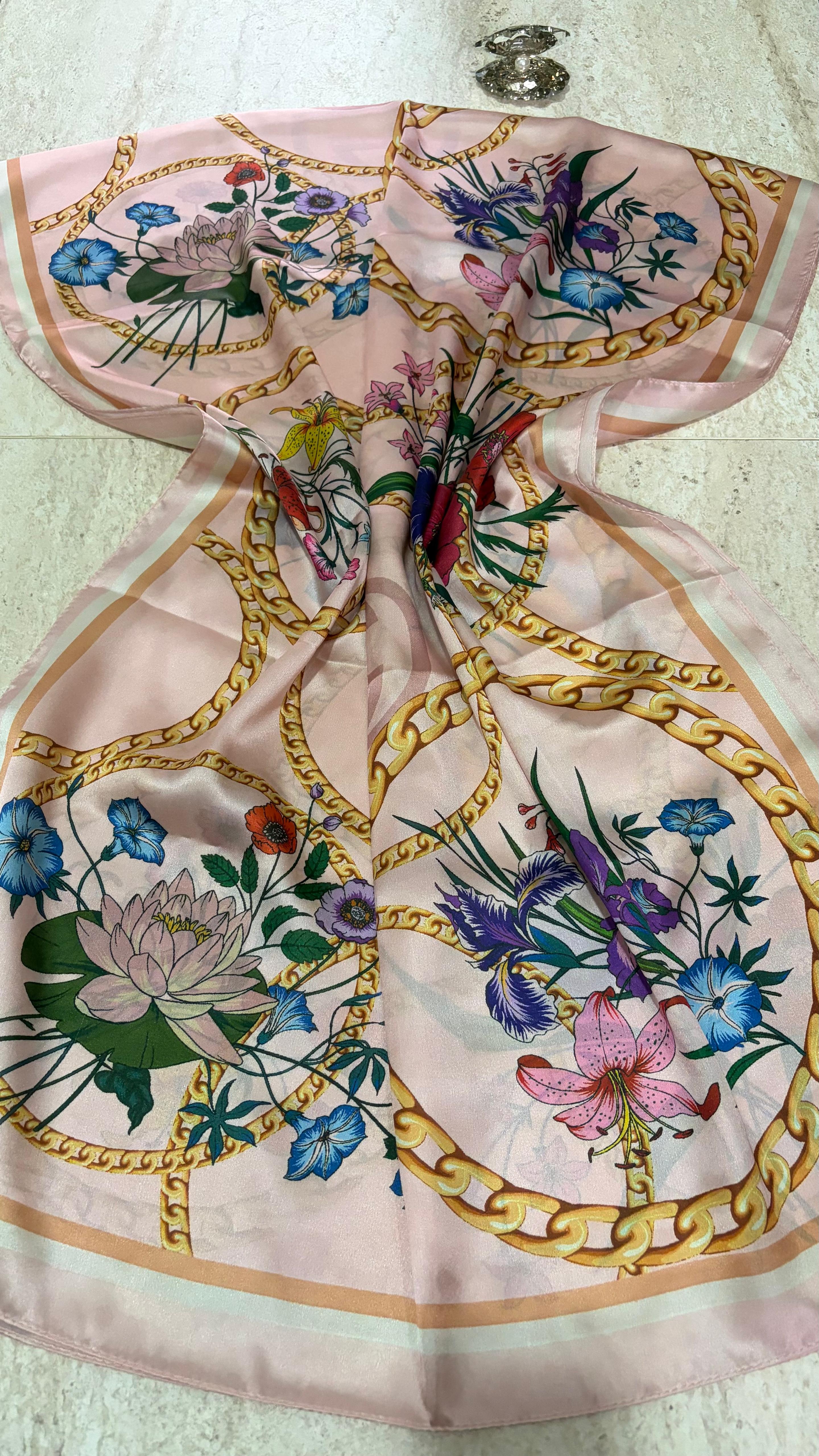 Flora Luxe Desen Vual İpek Şal Pudra