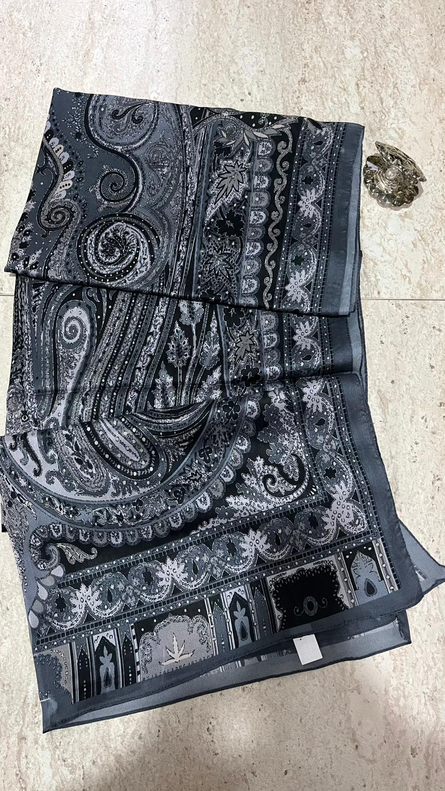 Etro Desen Vual İpek Şal Koyu Gri