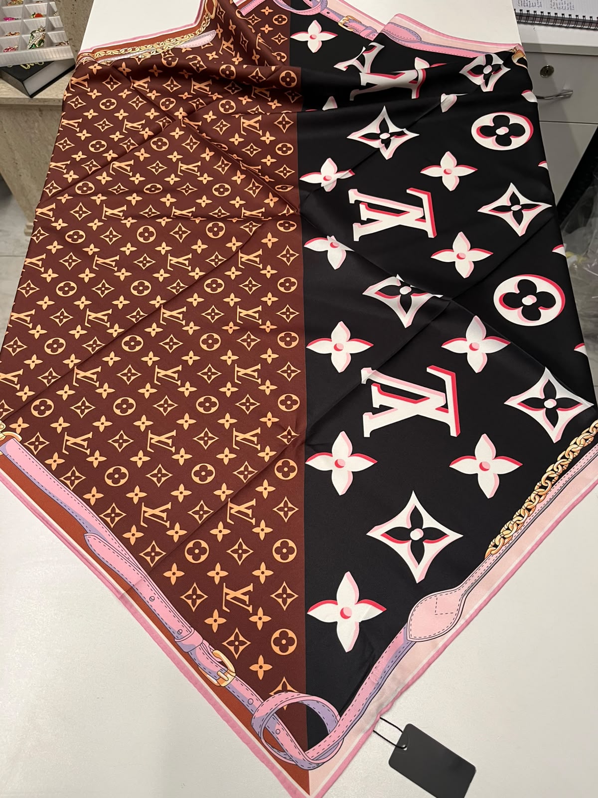 İthal  Twill İpek Eşarp Kahve-Pembe