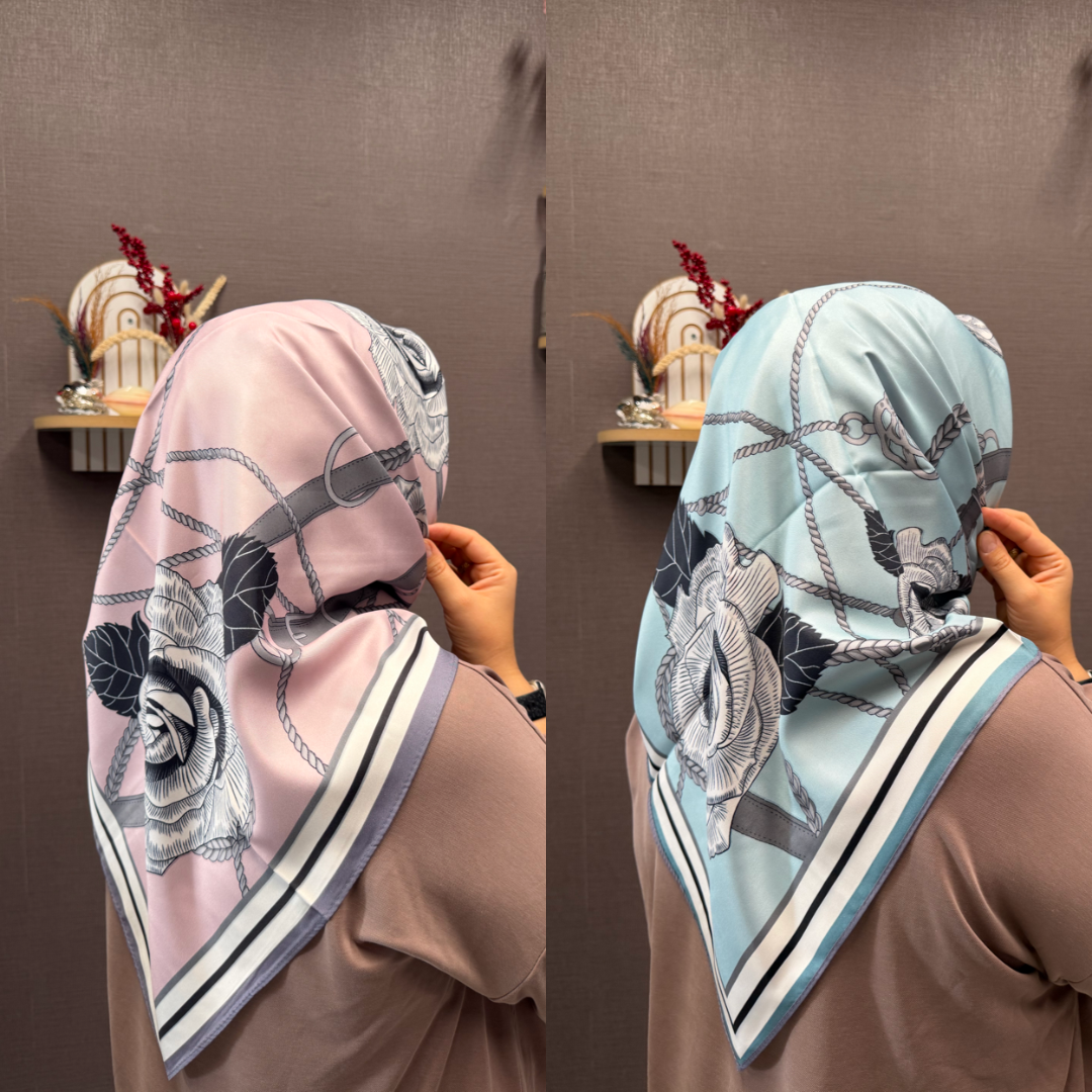 İthal Çift Taraflı Twill Eşarp Pembe-Mavi
