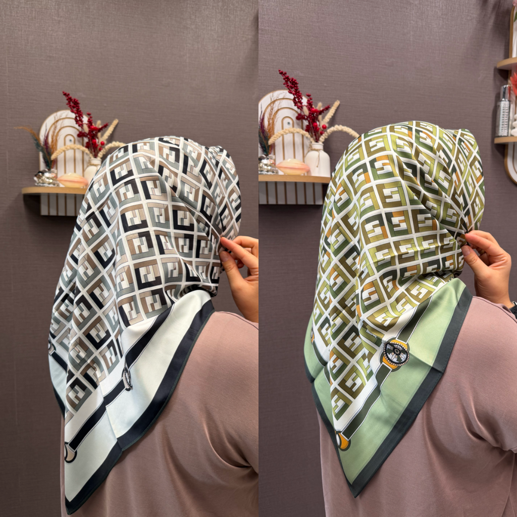 İthal Çift Taraflı Twill Eşarp Yeşil-Gri