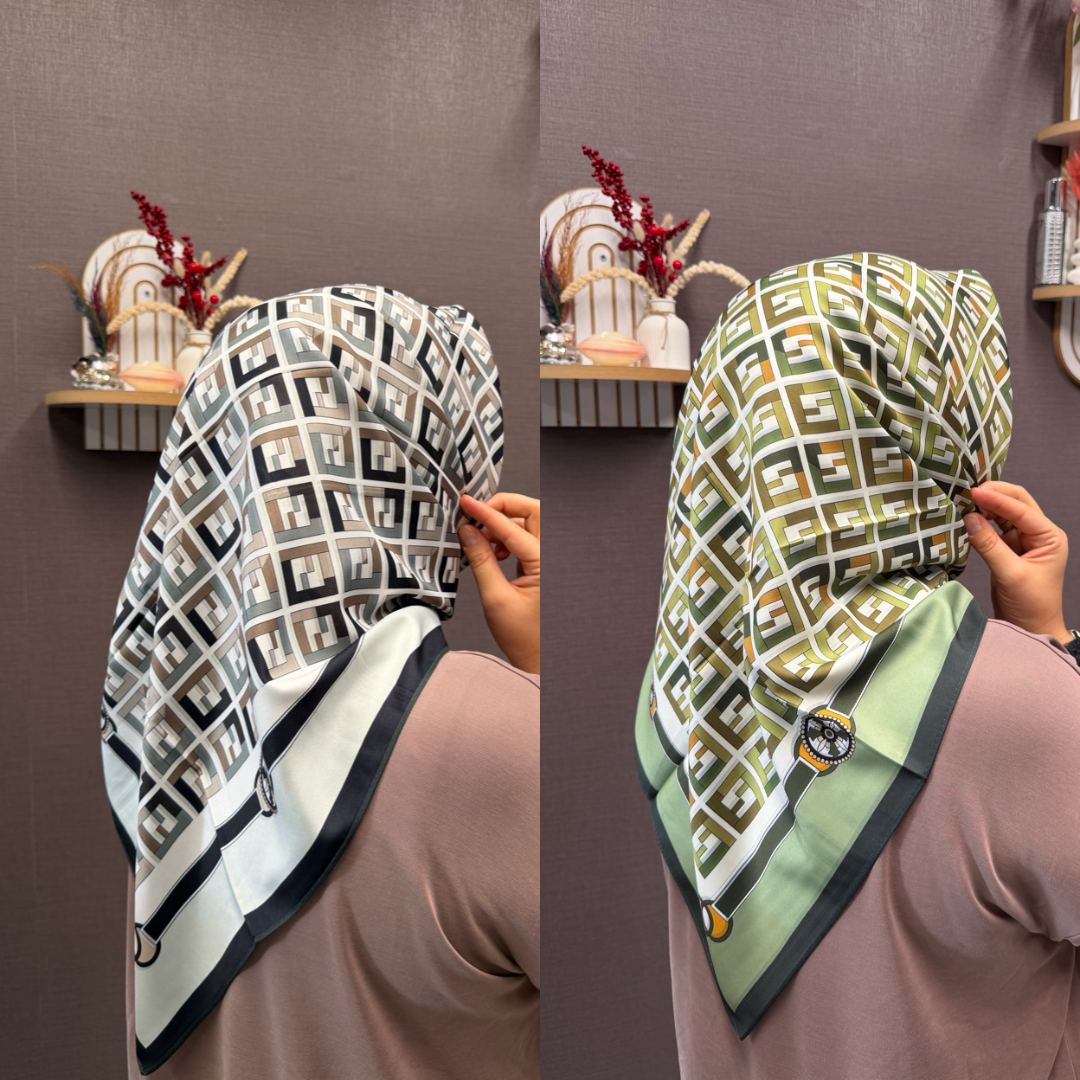 İthal Çift Taraflı Twill Eşarp Yeşil-Gri