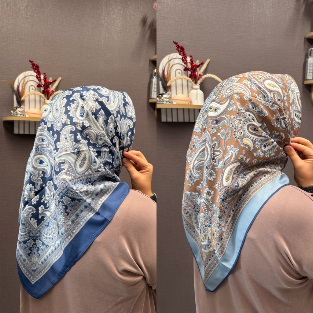 İthal Çift Taraflı Twill Eşarp İndigo-Camel