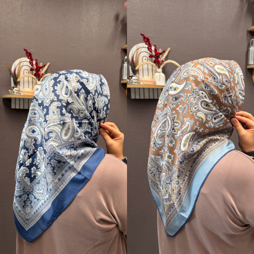 İthal Çift Taraflı Twill Eşarp İndigo-Camel