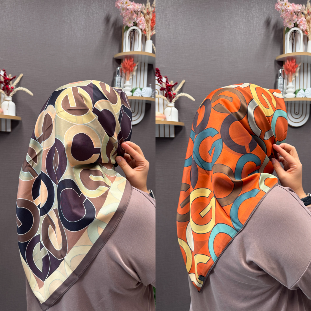 İthal Çift Taraflı Twill Eşarp Kahve-Turuncu