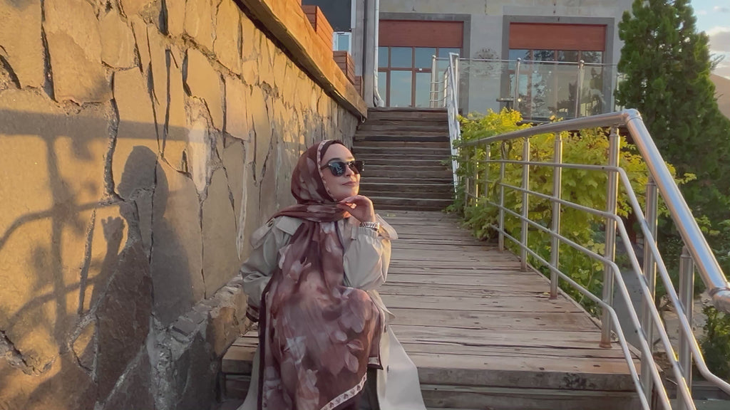 PEONY Desenli Kraş Şal Sütlü Kahve