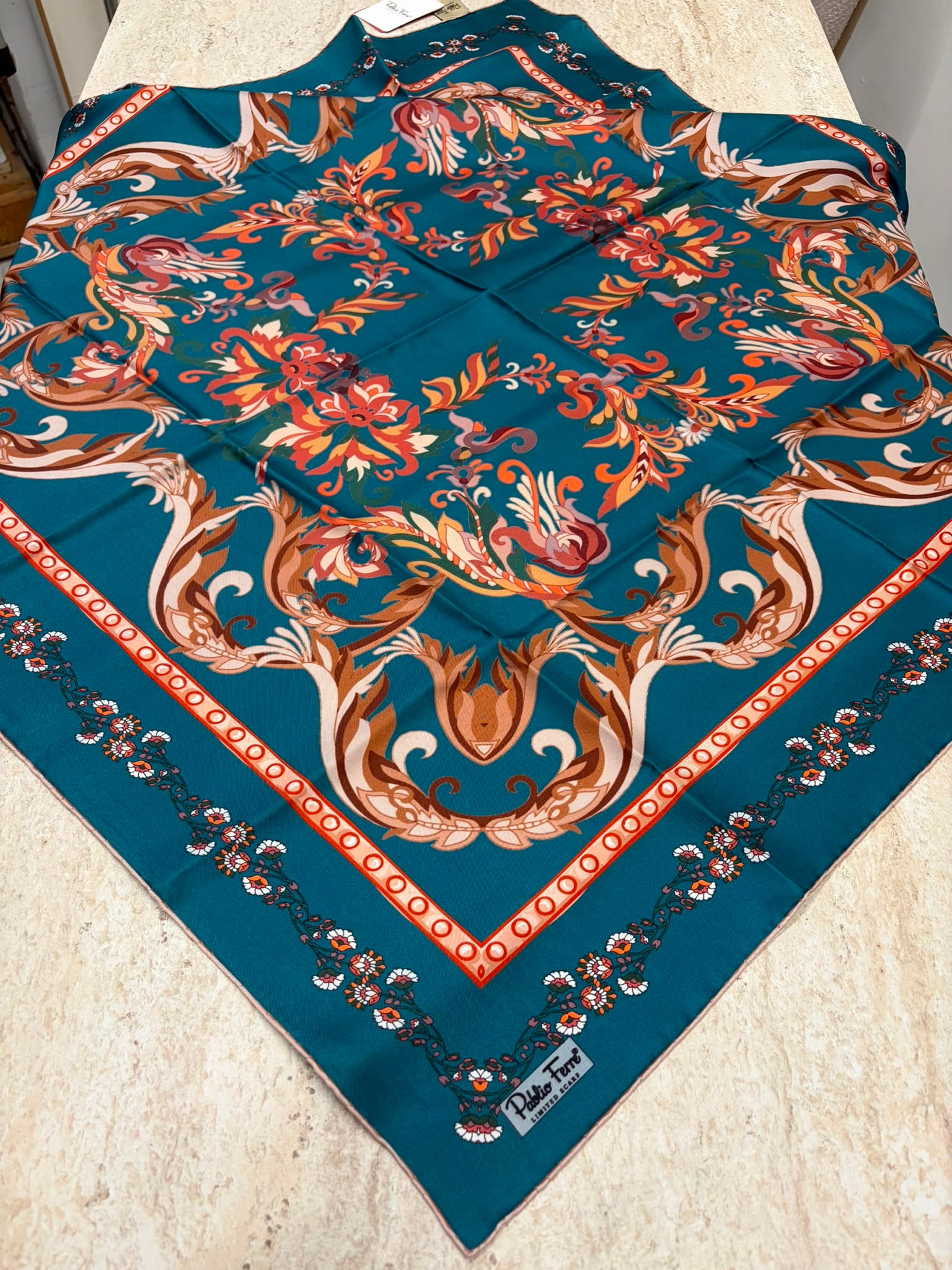 Pablio Ferre Twill İpek Eşarp Petrol Mavi